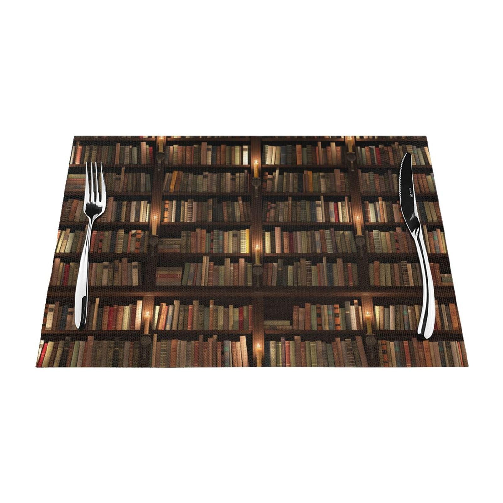 PVC Placemat Set of 4 PCS, 45x30 CM, Library Bookshelf Book Printed Non-Slip Heat Resistant Place Mats for Kitchen Dining Table Indoor Outdoor