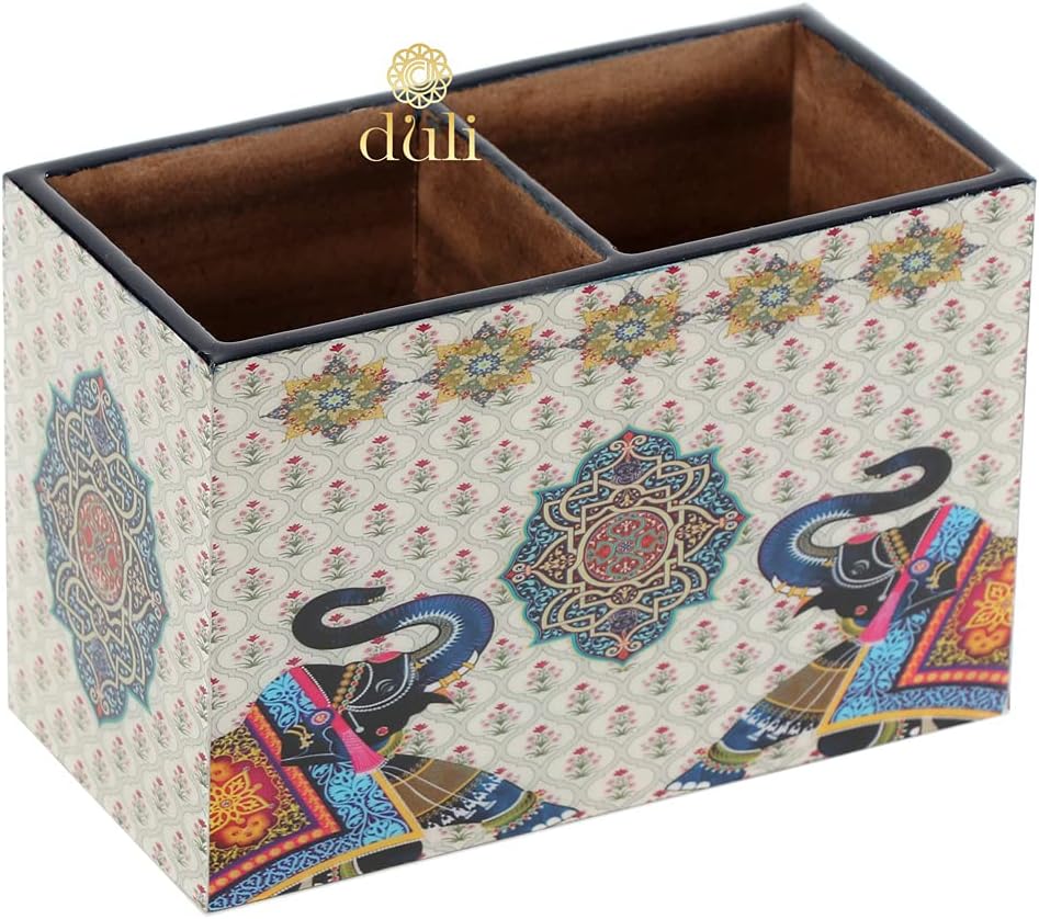 Engineered Wood Multipurpose Stand, Cutlery Holder, Spoon Stand, Table Organizer With 2 Sections, Chammach Stand (10Cm X 15Cm, 2Elephants, Utensils, (Multicolor))