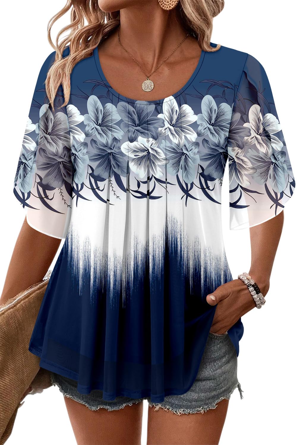 CHICZONE Women Summer Short Sleeve Shirt Round Neck Double Layers Mesh Blouse Trendy Pleated Tunic Tops