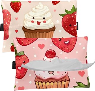 2 Pieces Tissues Purse Pocket Car Tissue Box Holder, Reusable Travel Car Visor Tissue Pouch Zipper Tissue Case for Vehicle Paper Storage (Cute Strawberry Cupcake Pattern)