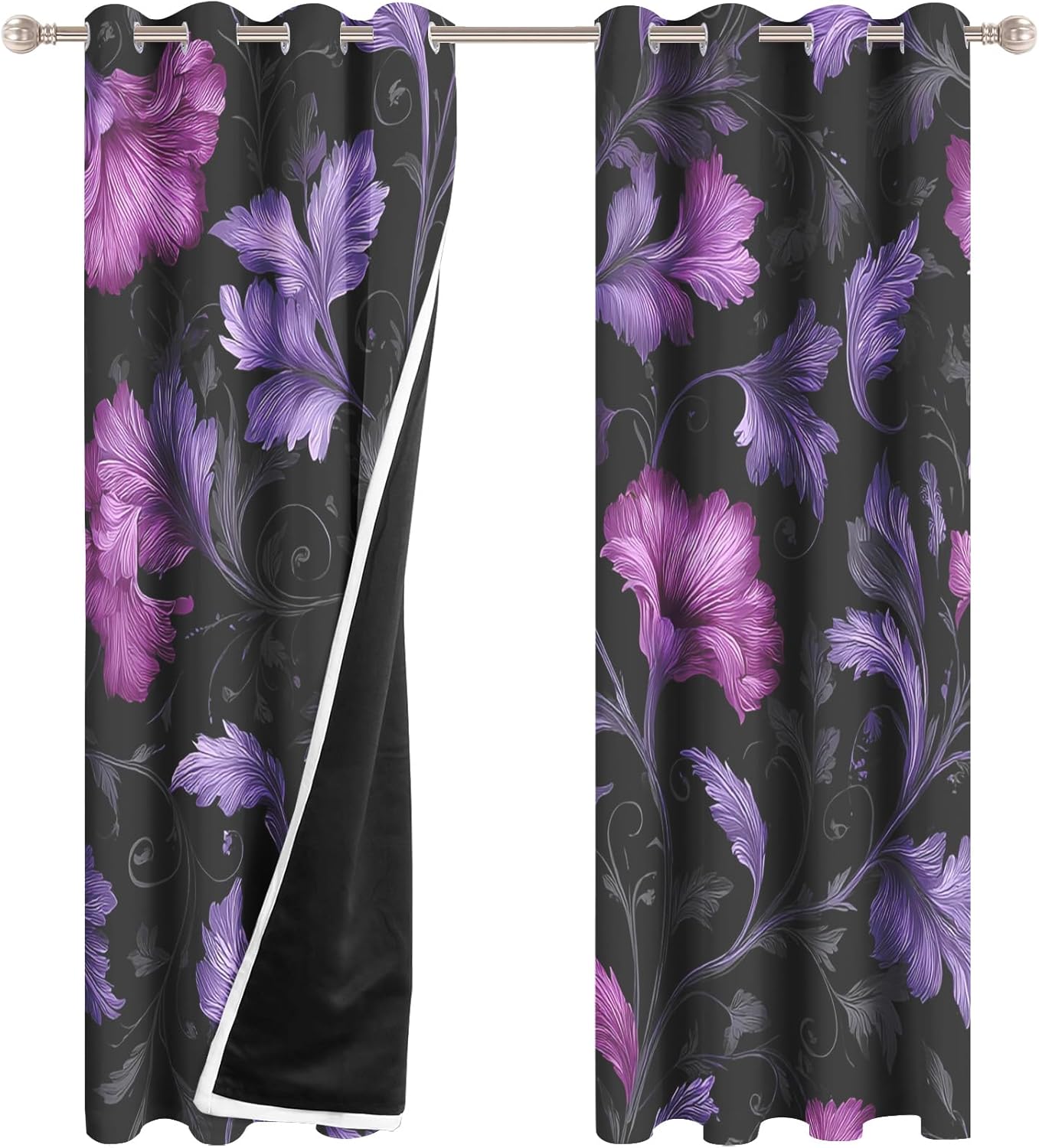 Purple Floral Curtains for Living Room 72 Inch Length, Gothic Dark Floral Blackout Curtains Bedroom Decor, Elegant Flower Grommet Thermal Black Out Window Drapes 2 Panels Pd-55