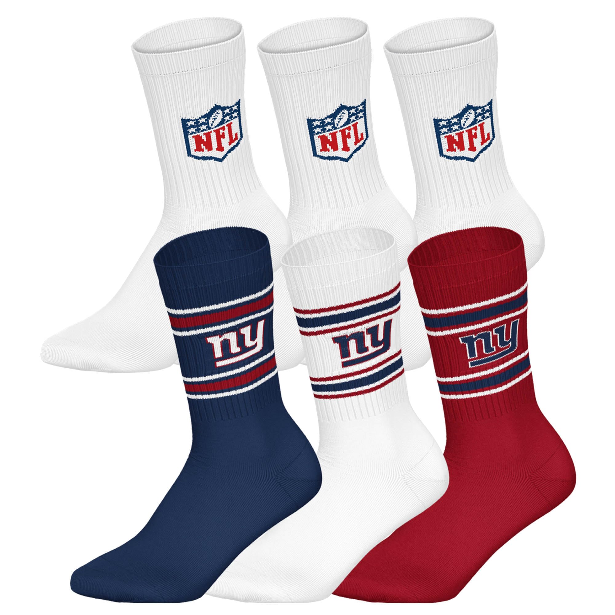 NFL Unisex Team Crew Socks, New York Giants, White, 39-42, Pack of 6