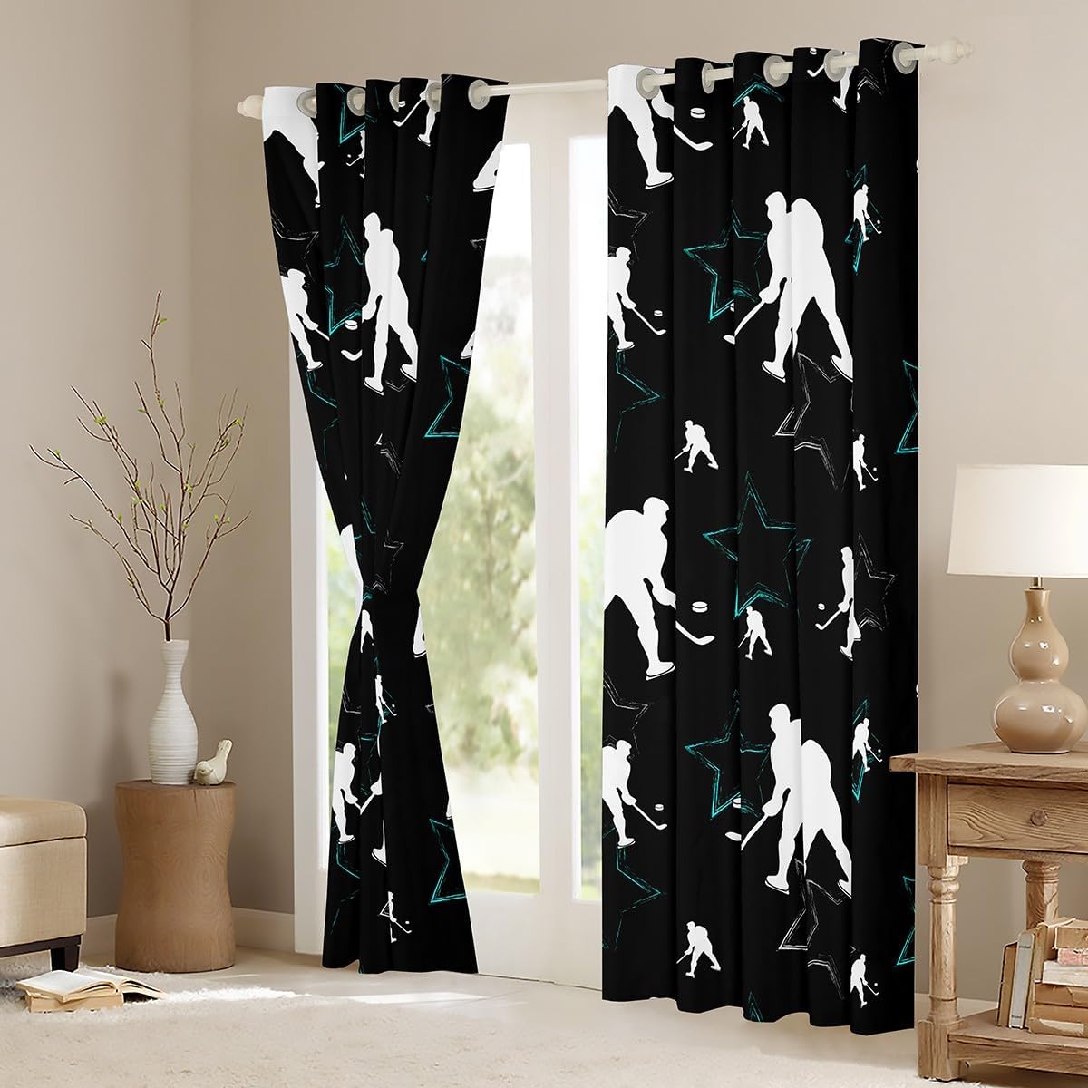 Feelyou Ice Hockey Curtains for Bedroom Living Room (2 Panels, 52 x 90 Inch) Ice Sports Games Darkening Dreapes Kids Adults Sports Gaming Darkening Dreapes Hockey Player Window Treatments Puck Hockey
