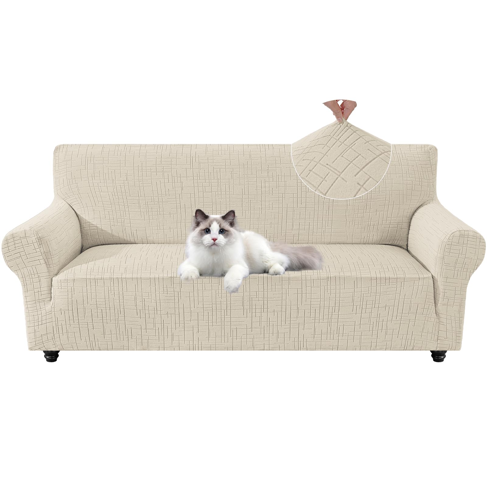 YSTELLAA Sofa Überzug 3 Sitzer Stretch, Kratzfester Sofabezug rutschfest Mit Armlehne, Universal Couch Überzug Dicke, Sofa Cover Waschbare, Für Wohnzimmer, Beige