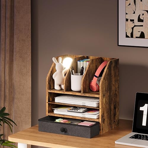 Miniatura 7 de Organizador de escritorio de madera con estante extraíble y cajón de tela, soporte de archivos de escritorio con múltiples compartimentos para