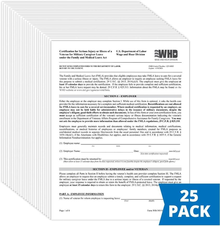 J. J. Keller & Associates, Inc. FMLA Certification for Serious Injury or Illness of a Veteran for Military Caregiver Leave, Form WH-385-V, English, 8.5" x 11", 4 Pages, Made in USA, 25-Pack