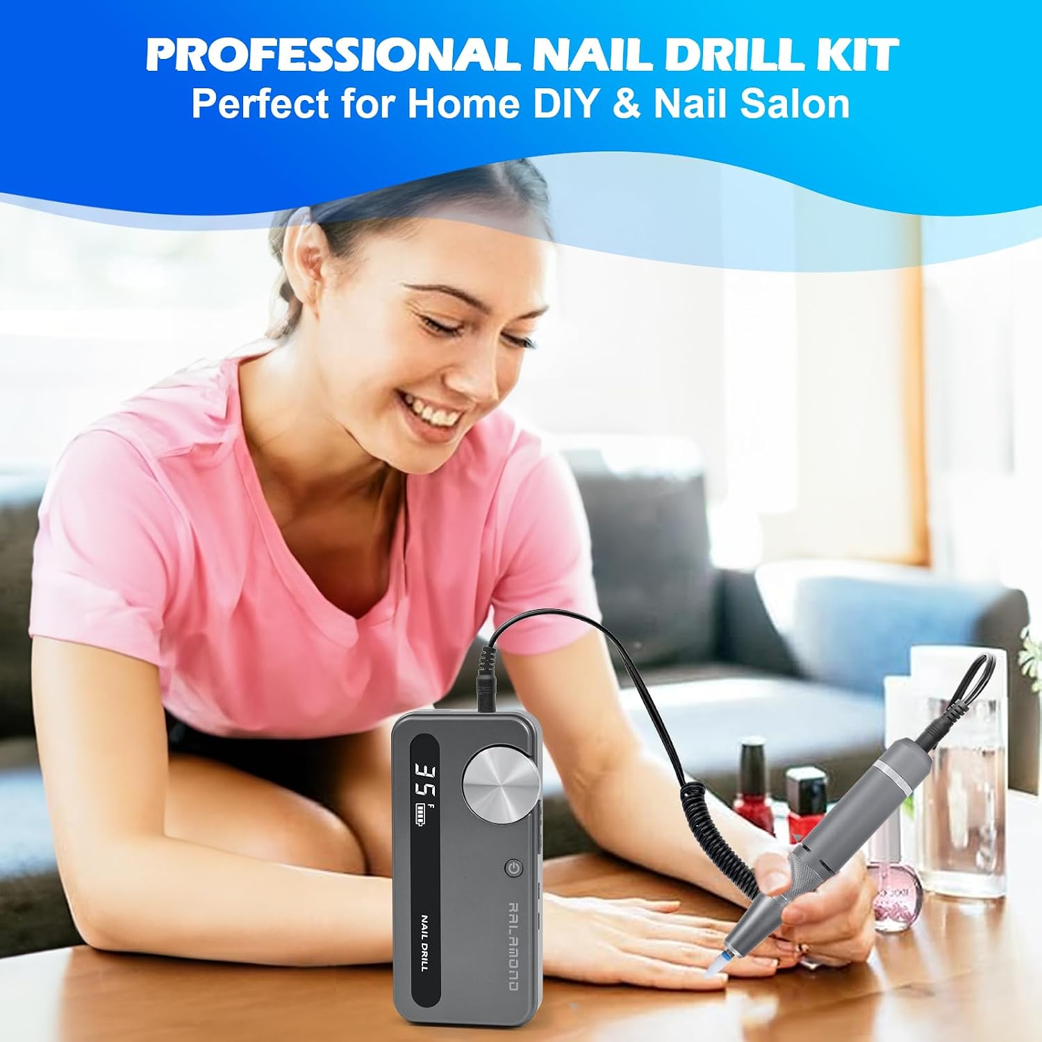 Cordless Nail Drill, 35000 RPM Rechargeable Electric Nail File, Professional Nail Drill Kit Adjustable Speed & Direction, Portable Cordless Manicure Tools for Salon & Home (Grey)