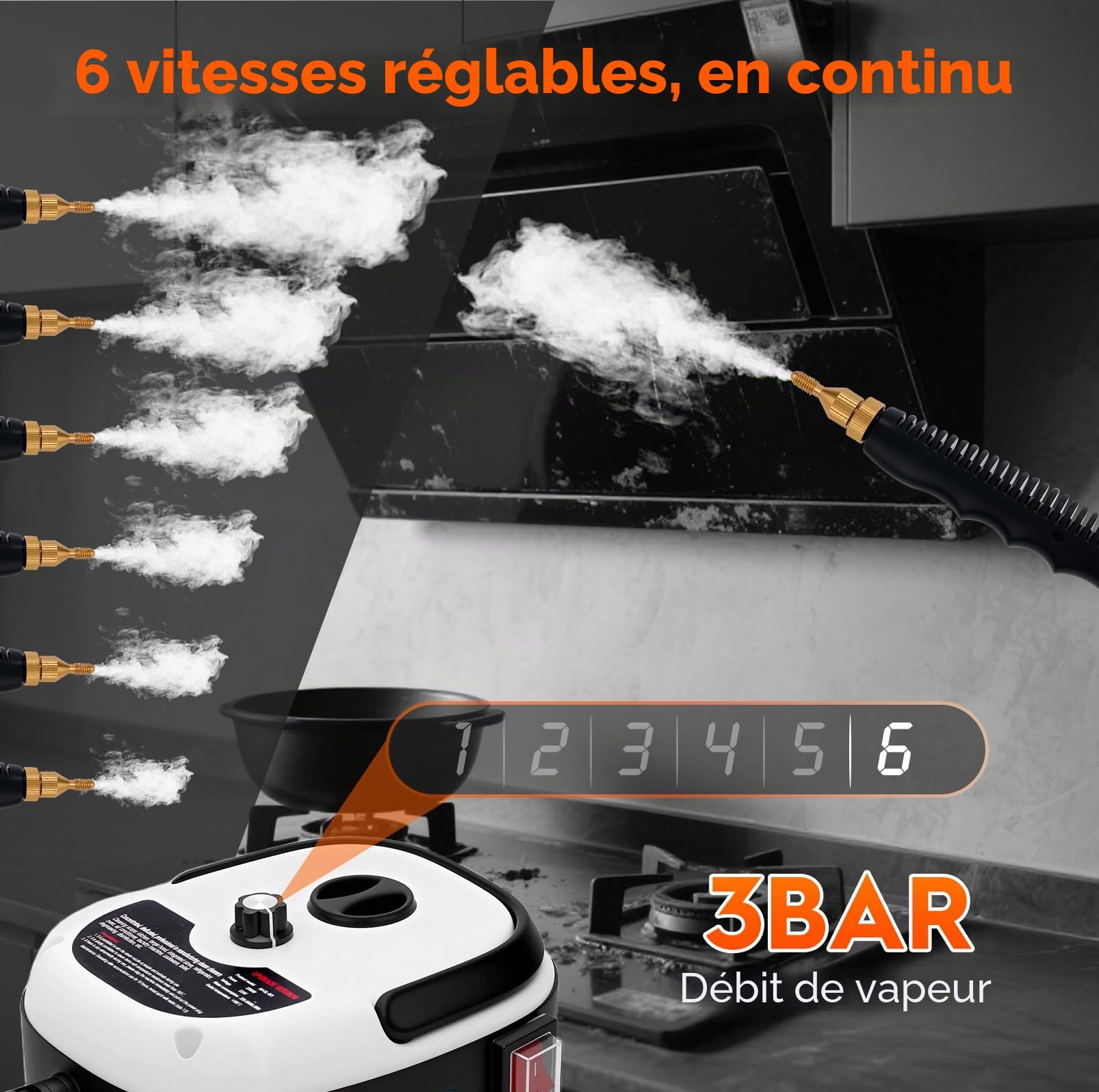 Nettoyeur Vapeur 2500W, 6 Niveaux de Réglage, Nettoyeur Vapeur Portable 1000ML Réservoir D'eau, 10 Secondes de Chauffage à la Main, avec 5 Accessoires, pour Voiture, Joint, Carrelage, Canapé, sol