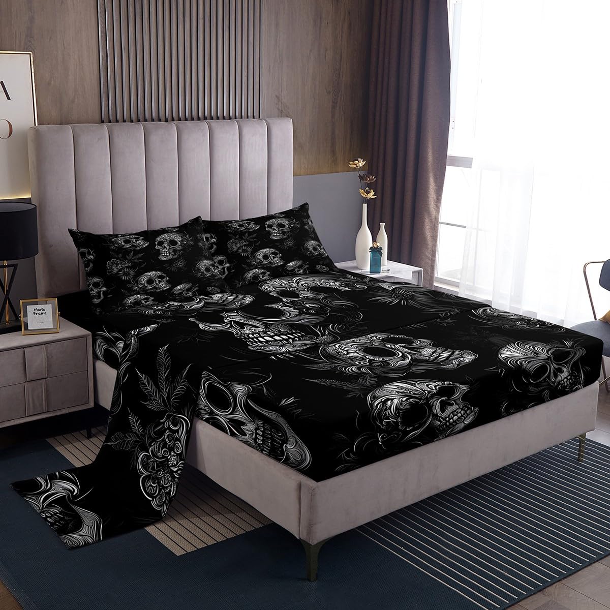 Homewish Juego de sábanas de calavera gótica, juego de ropa de cama doble con diseño de calavera de rosa, decoración gótica de Halloween, sábanas de decoración de habitación espeluznante, juego de