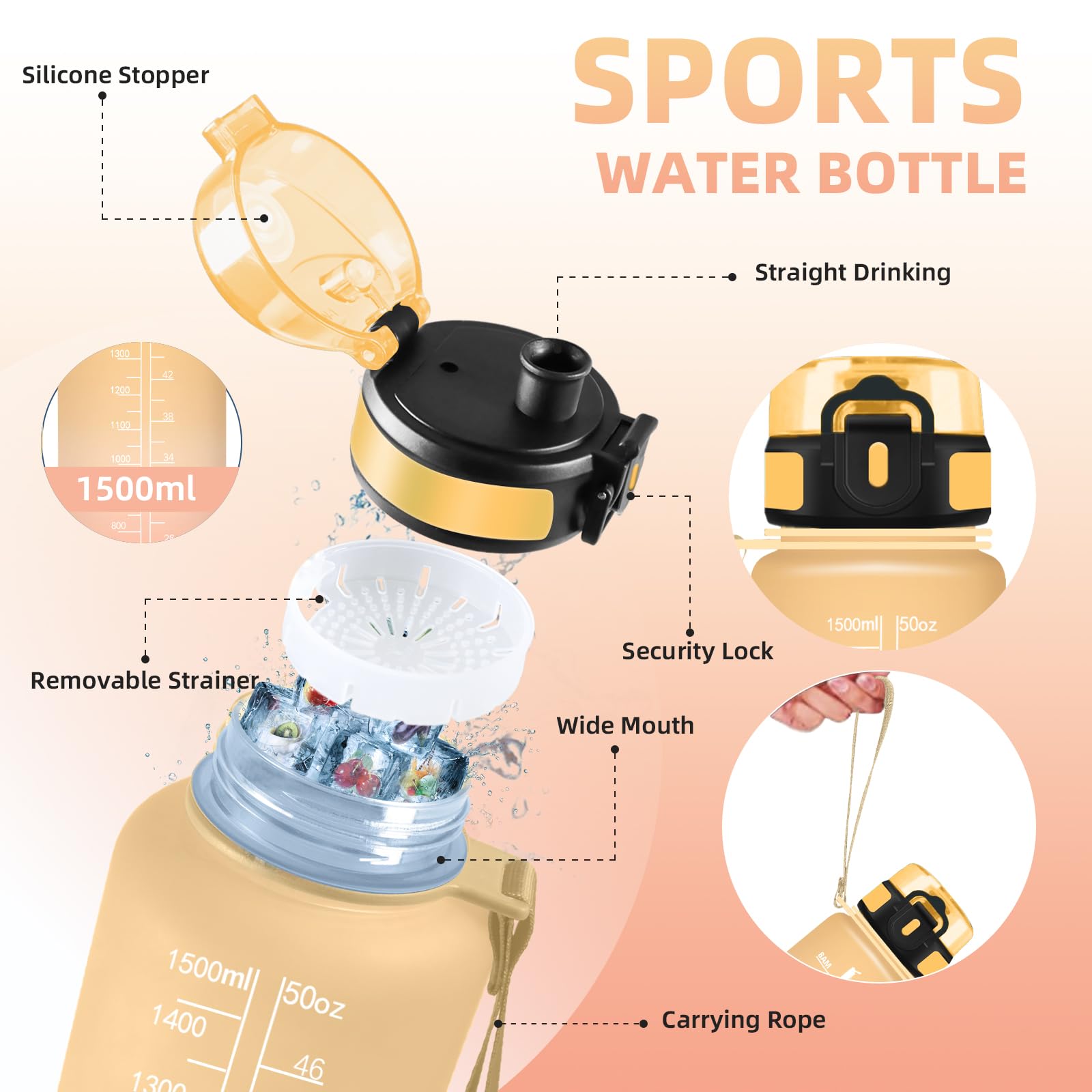 Gourde 1,5l, Gourde Sport, Anti Fuite, Gourdes Graduée pour 1 Journee, Facile à Nettoyer, Gourdes Graduée, avec Slogan de Motivation, Bouteille d'eau pour Yoga, Aptitude, Triathlon, Randonnée - 5