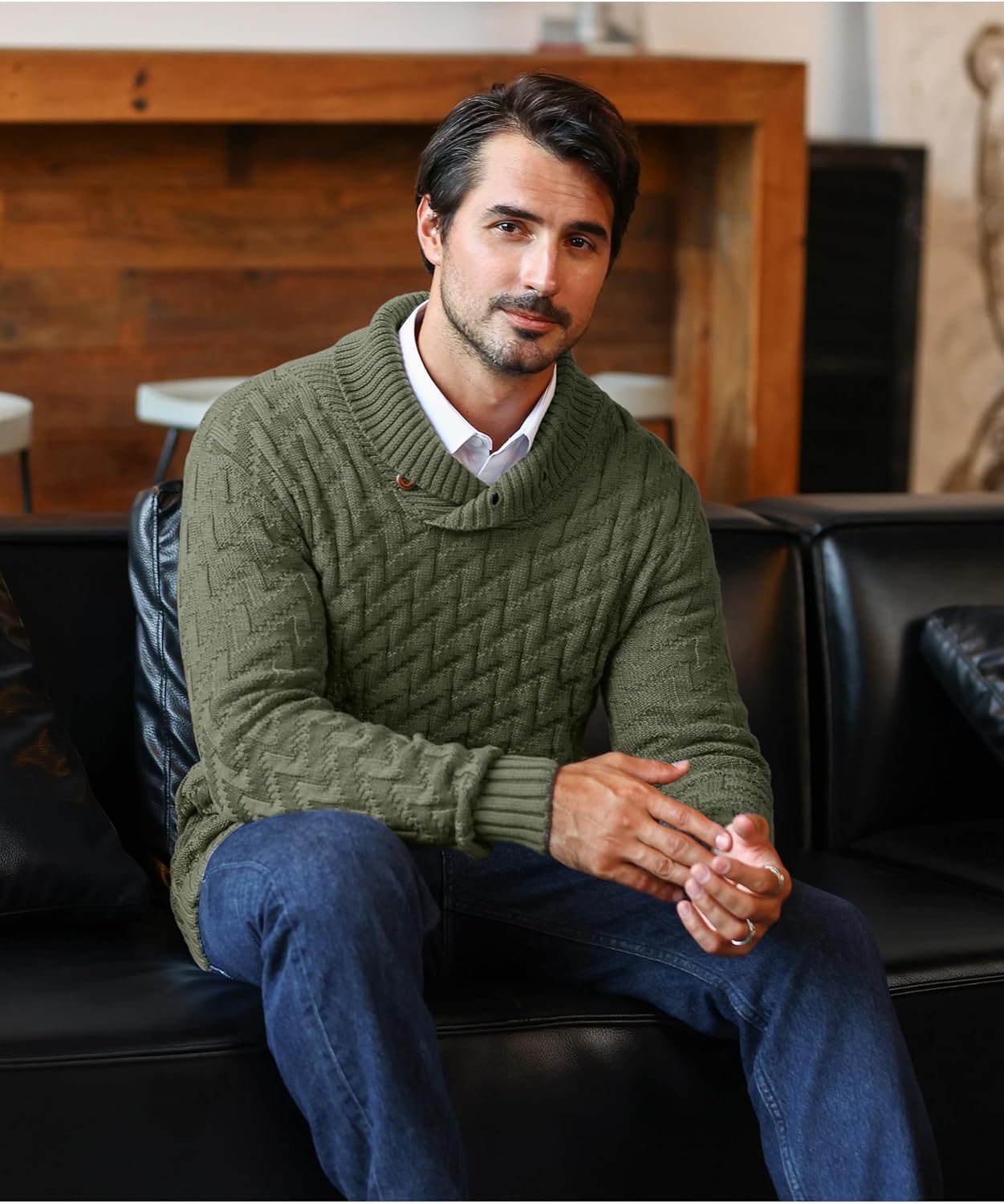 Men's Dressy Cable-Knit Sweater Buttoned Mock Neck Pullover for Fall & Winter, S-5XL - Image 5