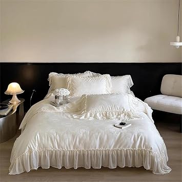 Queen King Size Luxury Textured Satin Bedding Set Cotton Chiffon Lace Princess 4 Piece Set 500 Thread Count Pleated Duvet Cover SheetsQueen