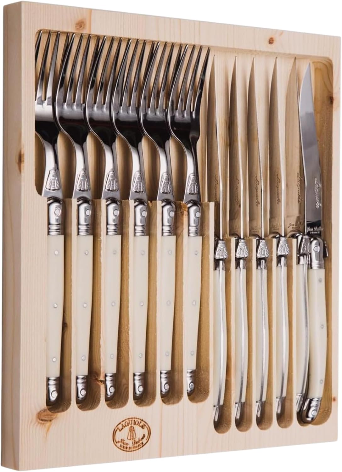 Jean Dubost Laguiole 12-Piece Flatware Set, Ivory Handles - Rust-Resistant Stainless Steel - Includes Wooden Tray - Made in France
