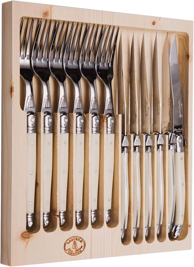 Jean Dubost Laguiole 12-Piece Flatware Set, Ivory Handles - Rust-Resistant