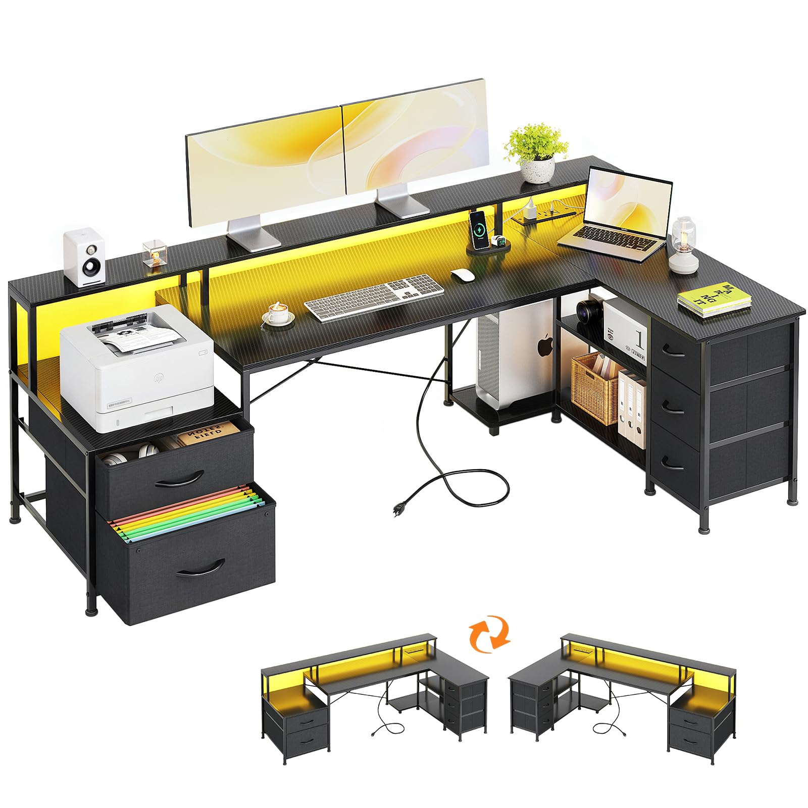 VERMESS L Shaped Desk with 5 abric Drawer, 74" Computer Corner Desk with Power Outlet, Gaming Desk with Led Lights, Home Office Table with Storage Shelves & File Drawer, Carbon Fiber, Black