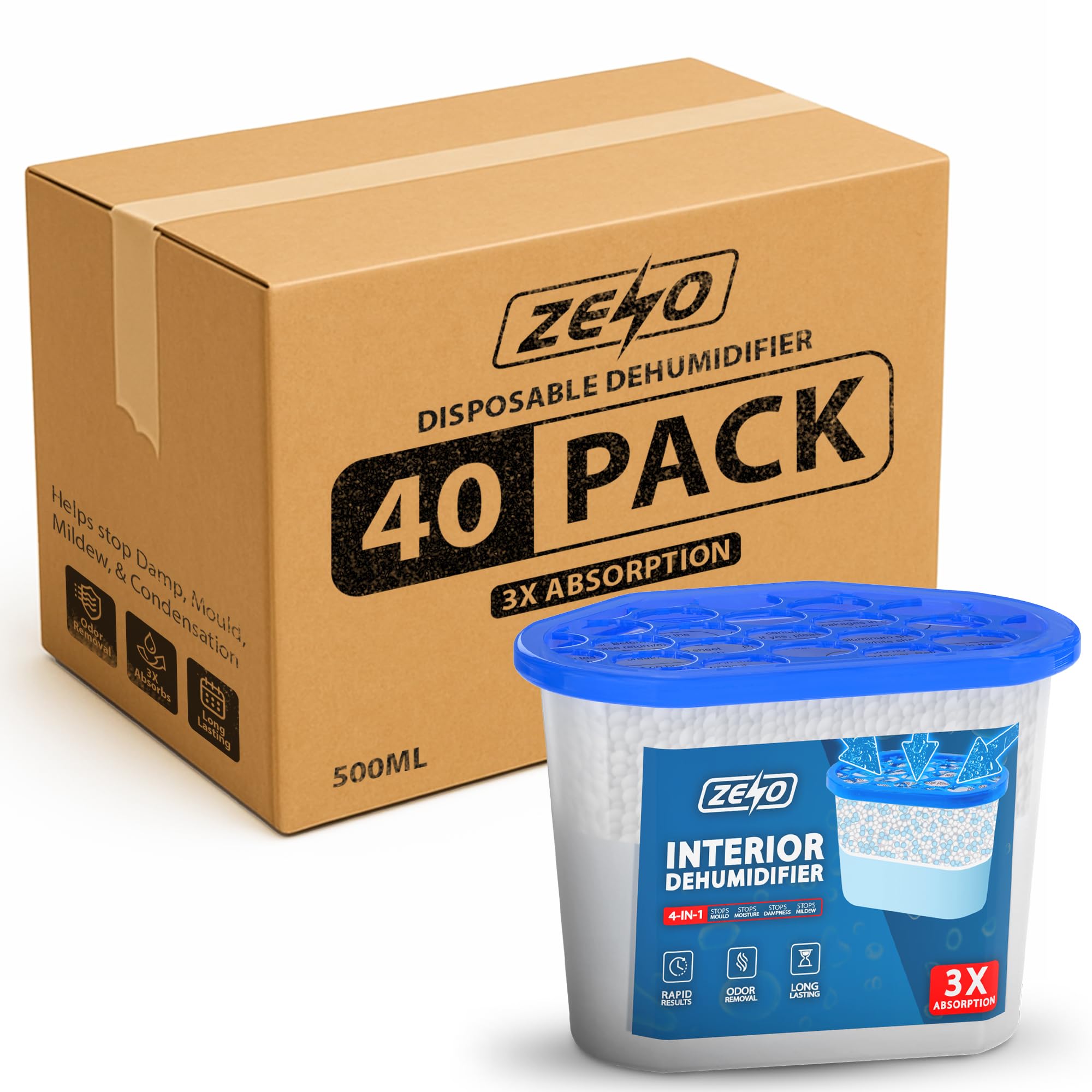ZENO Disposable Dehumidifier 500ml | Moisture Absorber Dehumidifiers for Damp, Mould, Moisture in Home, Kitchen, Wardrobe, Bedroom, Caravan | Dehumidifiers Disposable | Damp Absorber (40 Pack)
