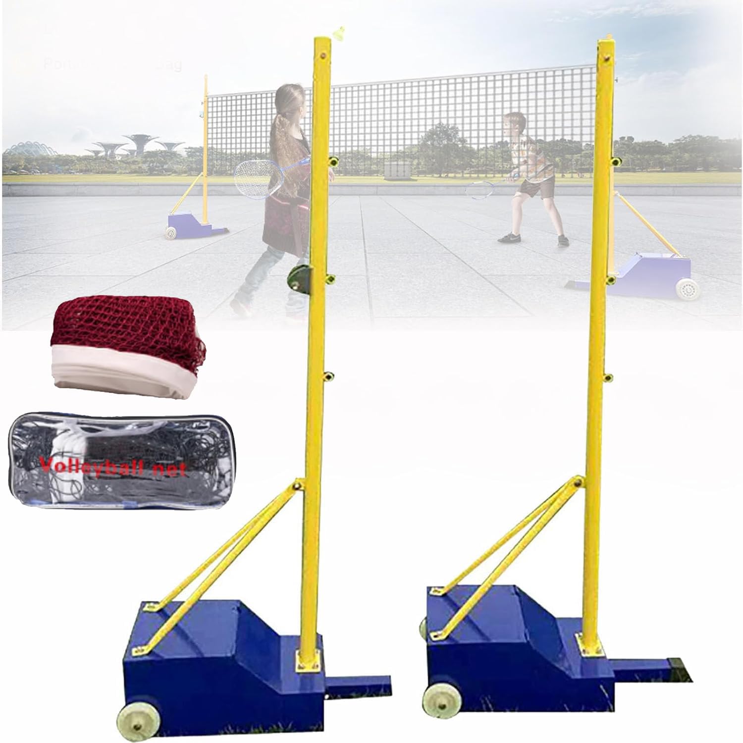 lwjunmm Volleyball/Badminton Poles,Badminton net Bracket Mobile net Badminton net Frame with Wheel Box Type net Post Steel Stand with Stable Base Indoor & Outdoor Use(5-6.6ft,),H2:1.55m