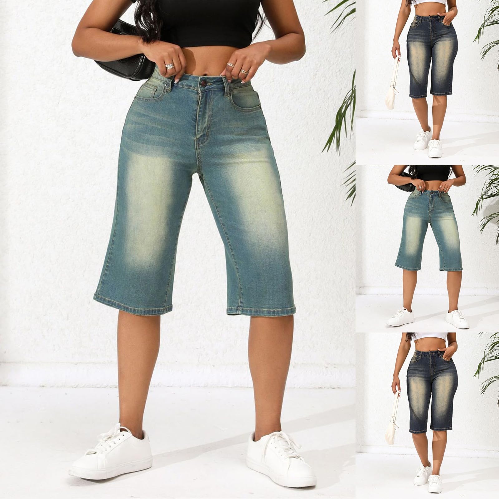 Pantalon 3/4 pour femme - Jambe large - Pantalon en tissu denim léger - Pantalon d'été décontracté - Bermuda court stretch Y2K Streetwear - Pantalon de loisirs avec poches