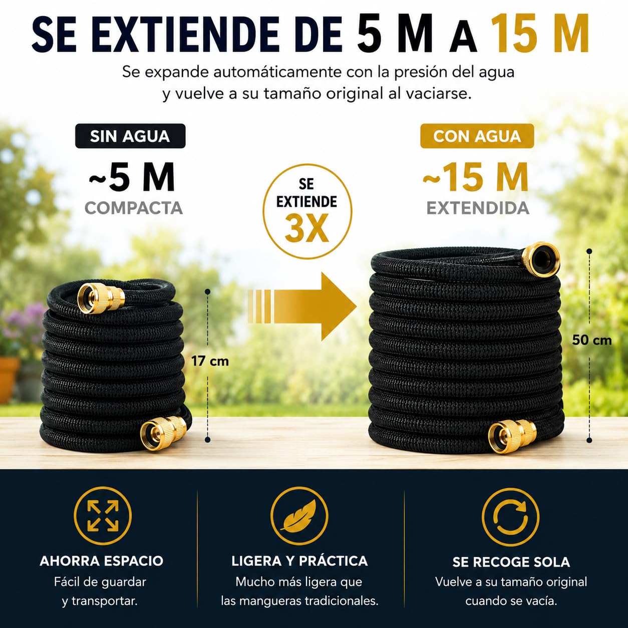 Manguera Extensible Jardín hasta 15 metros con Pistola de Riego Premium de 8 modos, Conectores de Latón 1/2 y 3/4, Resistente y duradeea. Manguera agua flexible Reforzada Antifugas Alta Presión