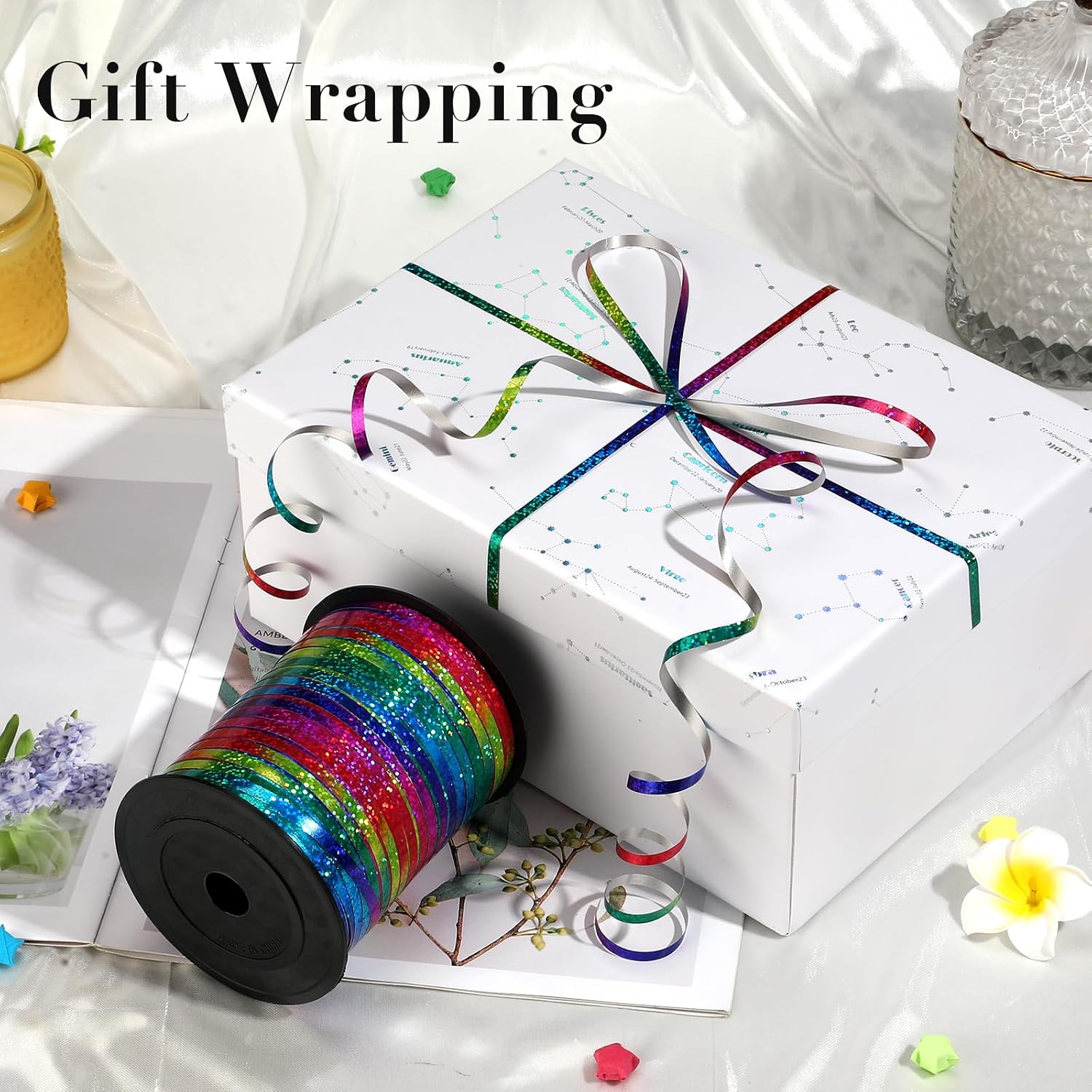 500 Yard Rainbow Ribbon Curling, Balloon Ribbon-Balloon String, Shiny Metallic Curly Roll for Gift Wrapping Ribbon for Wedding, Birthday Decoration, Baby Shower, Christmas