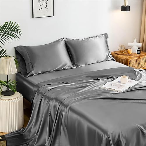 JOOKI Sábanas de satén de tamaño King con bolsillo profundo, sábanas refrescantes súper suaves, tamaño King, juego de sábanas de seda King con