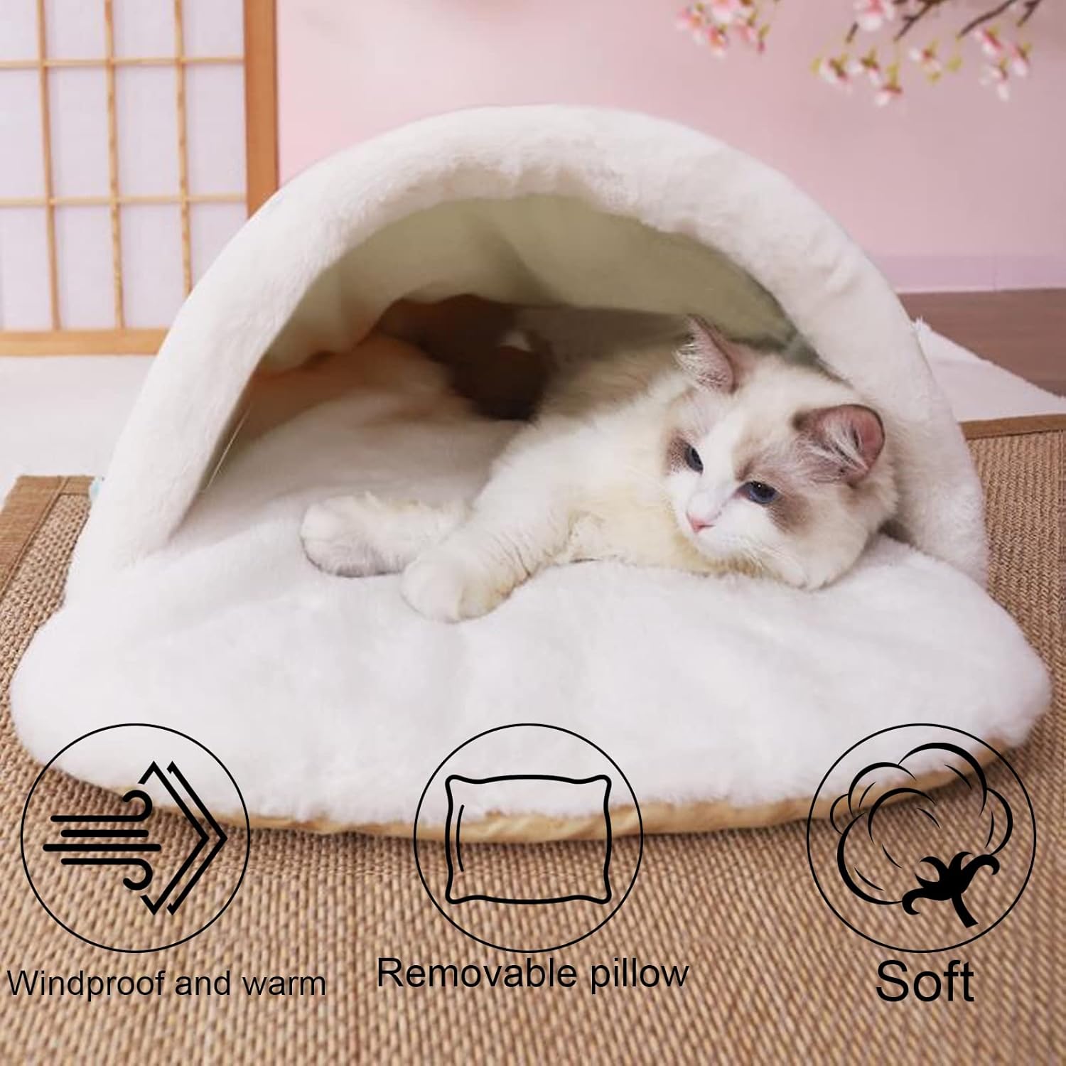 Cat Sleeping Bag with Removable Pillow, Plush Warm Cat Bed Cave Nest Flower Pattern Pet Self-Warming Snuggle Sack, Soft Cozy Kitten Hideaway House for Puppy Cats Kitty Small Dogs Animals