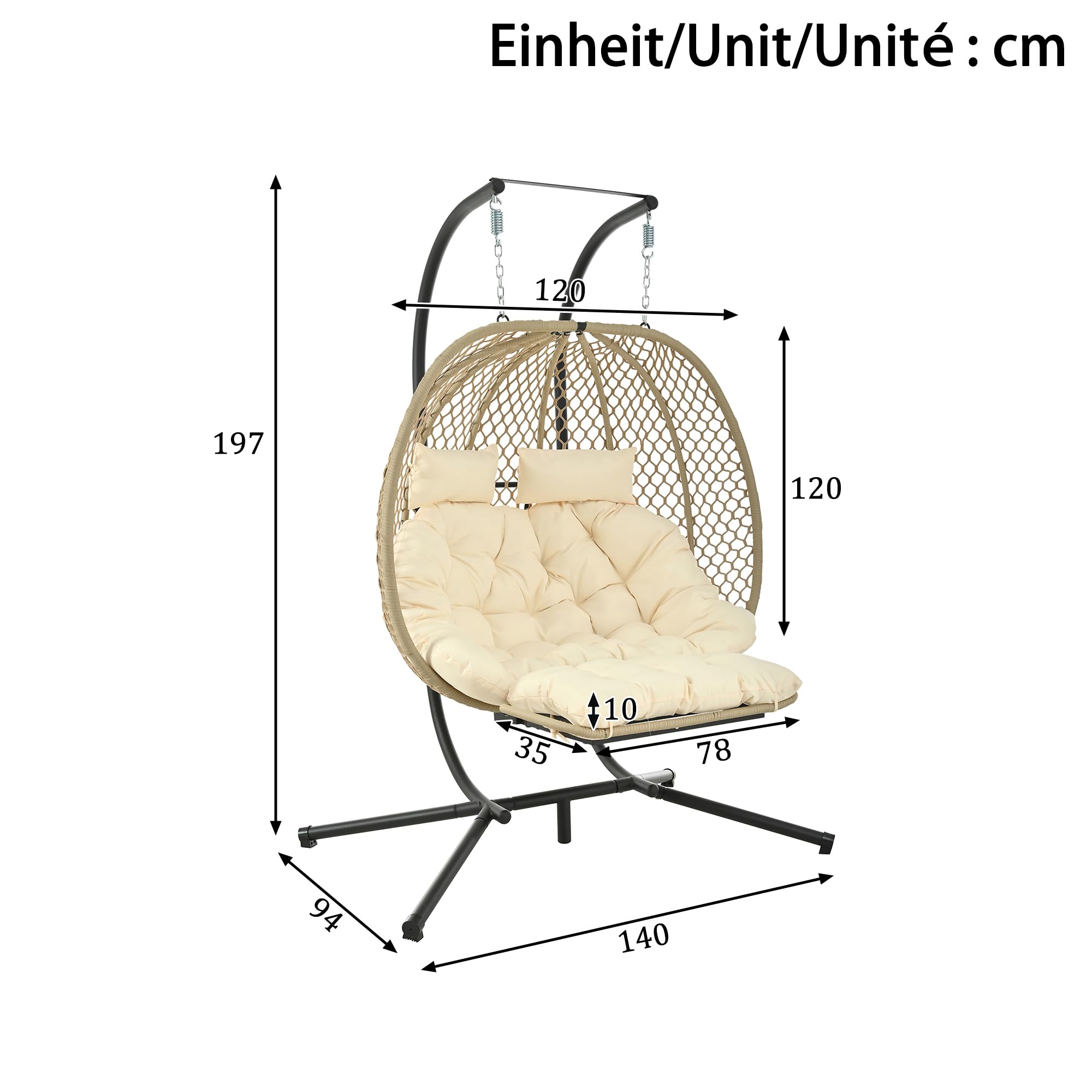 Doppia sedia a dondolo a forma di uovo, poltrona sospesa con supporto, poggiapiedi e cuscino, per interni ed esterni, portata fino a 150 kg (beige)