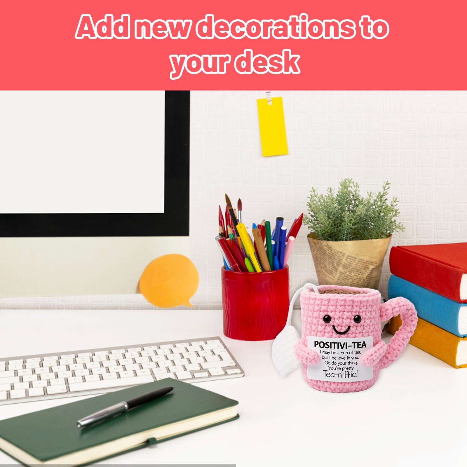 Gubilacrum Positive Crochet Animals, Emotional Support Crochet, Handmade Pink Knitted Mug Cosy - Image 4
