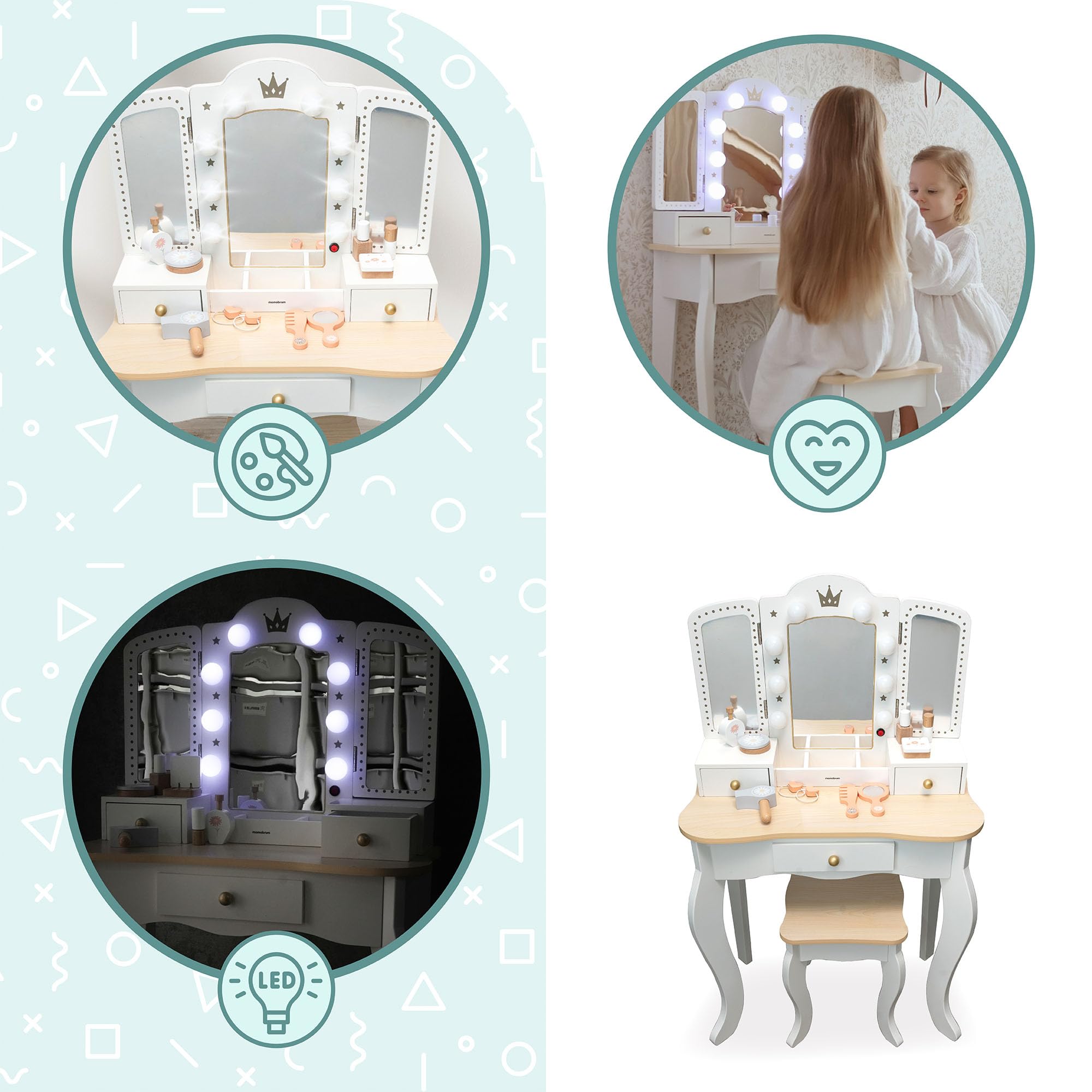 Mamabrum Coiffeuse en Bois pour Enfants 3+, XXL avec Tabouret et éclairage LED, Miroir à 3 Ailes, Grand tiroir, Accessoires, Maquillage de rôle, Structure Solide, Transformable en Bureau