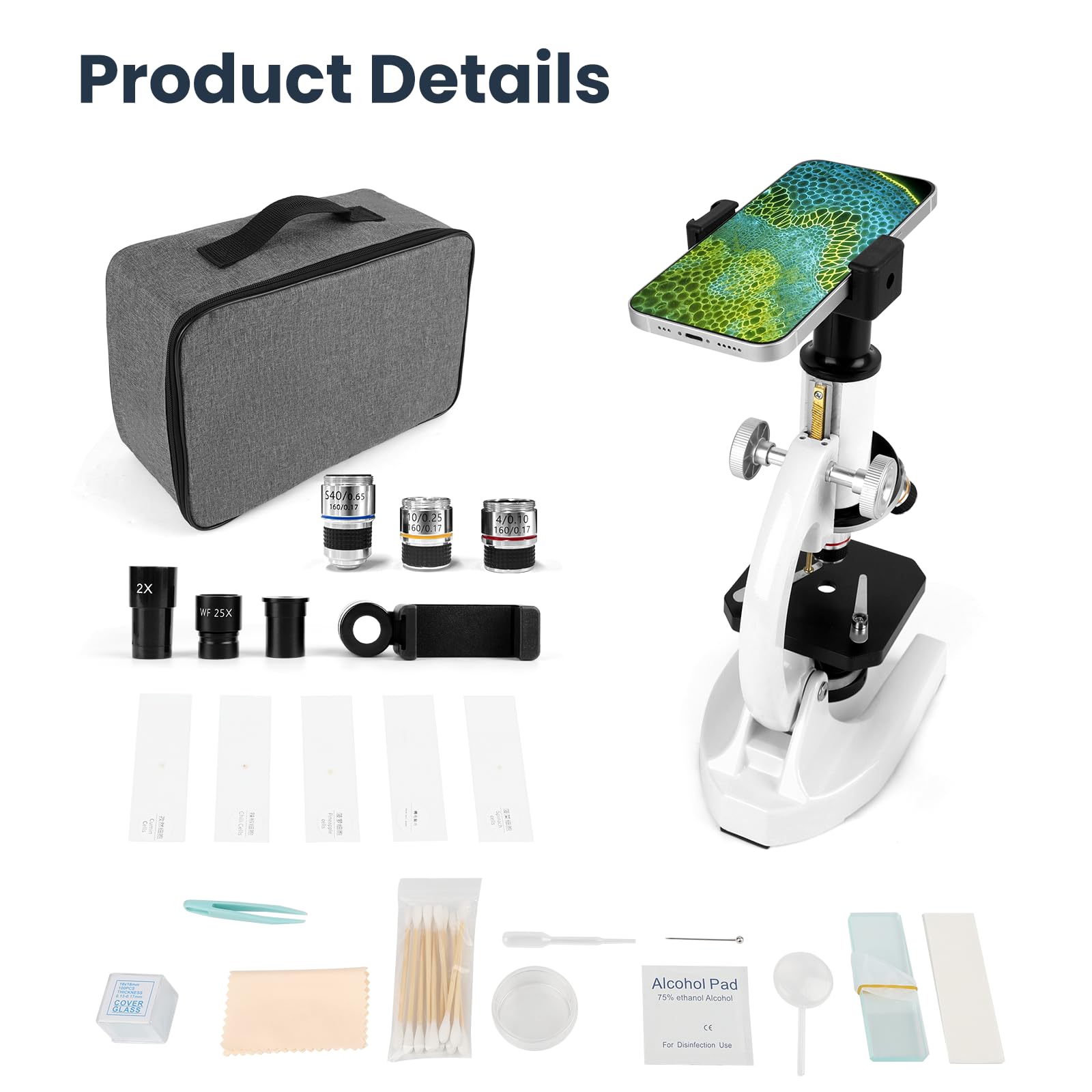 Microscopio de 40-2000x, microscopio profesional de metal para adultos y niños, con oculares de 10x y 25x, lentes de 4x 10x 40x, lupa de 2x y set de accesorios, ideal para biología y metalurgia
