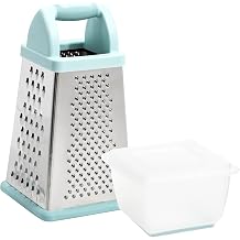 Tasty Box Grater with Storage Container & Lid, Multi-Sided Stainless Steel Grater for Fine, Medium, Coarse Shreds & Slicing, Non-Slip Base, Dishwasher Safe, Aqua