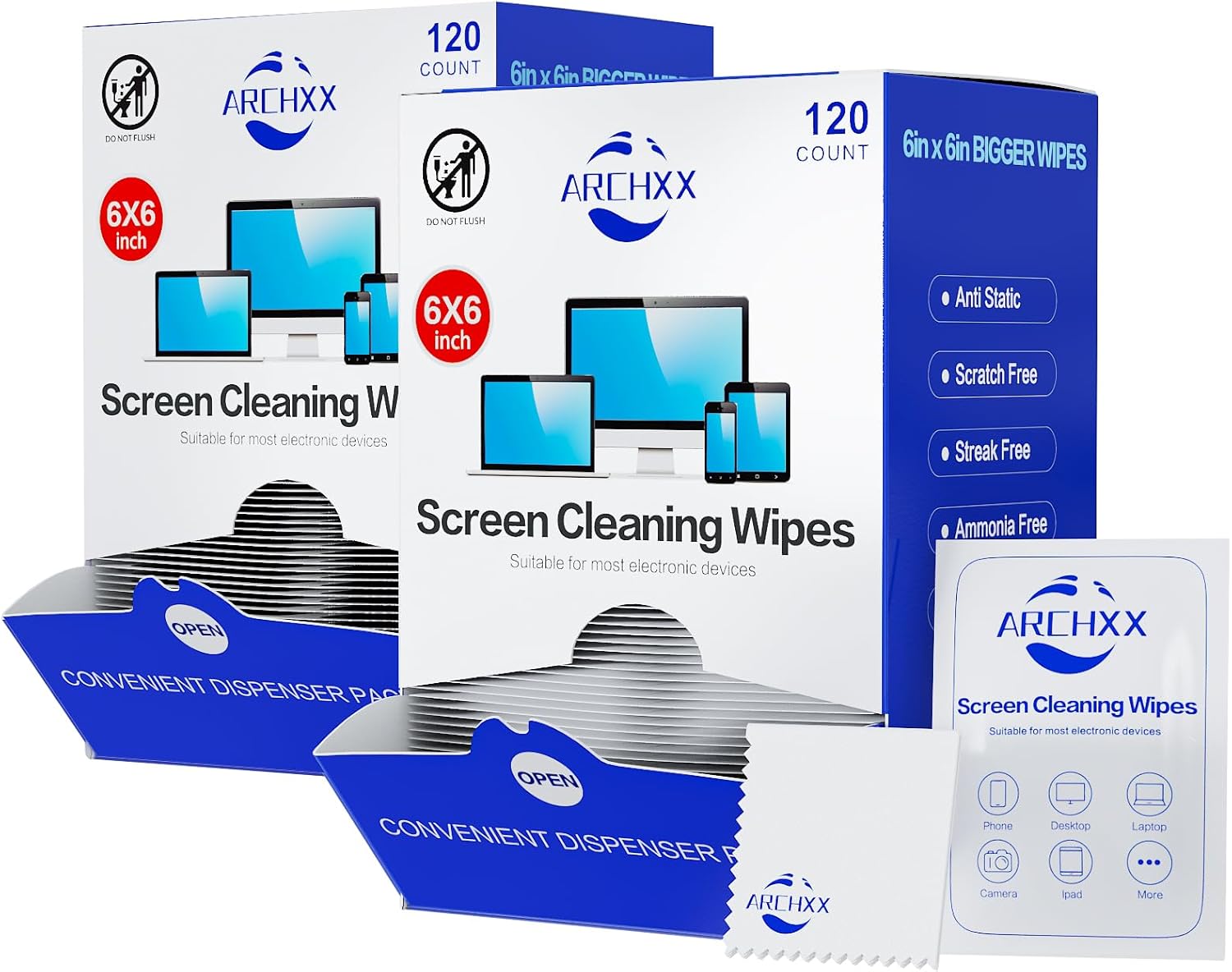 ARCHXX Screen Wipes for Electronics, 240 Count 6"x6" Pre-Moistened Screen Cleaner for Screens, Computer,Laptop,Tablet,Phone,Monitor,Car Screen Cleaner, Lens Wipes Individually Wrapped