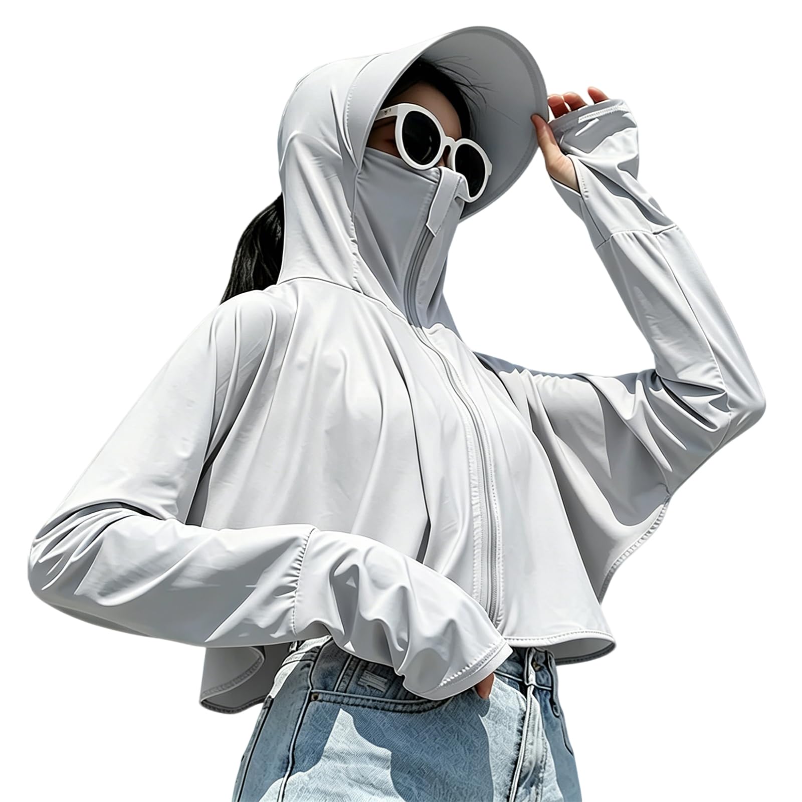 Womens Sunscreen Hoodie Jacket/Shirt UPF 50+ UV Protection from Sun & Pollution with Wide Brim Hat Face Mask Lightweight Full Zip for Outdoor Running Hiking-image-47