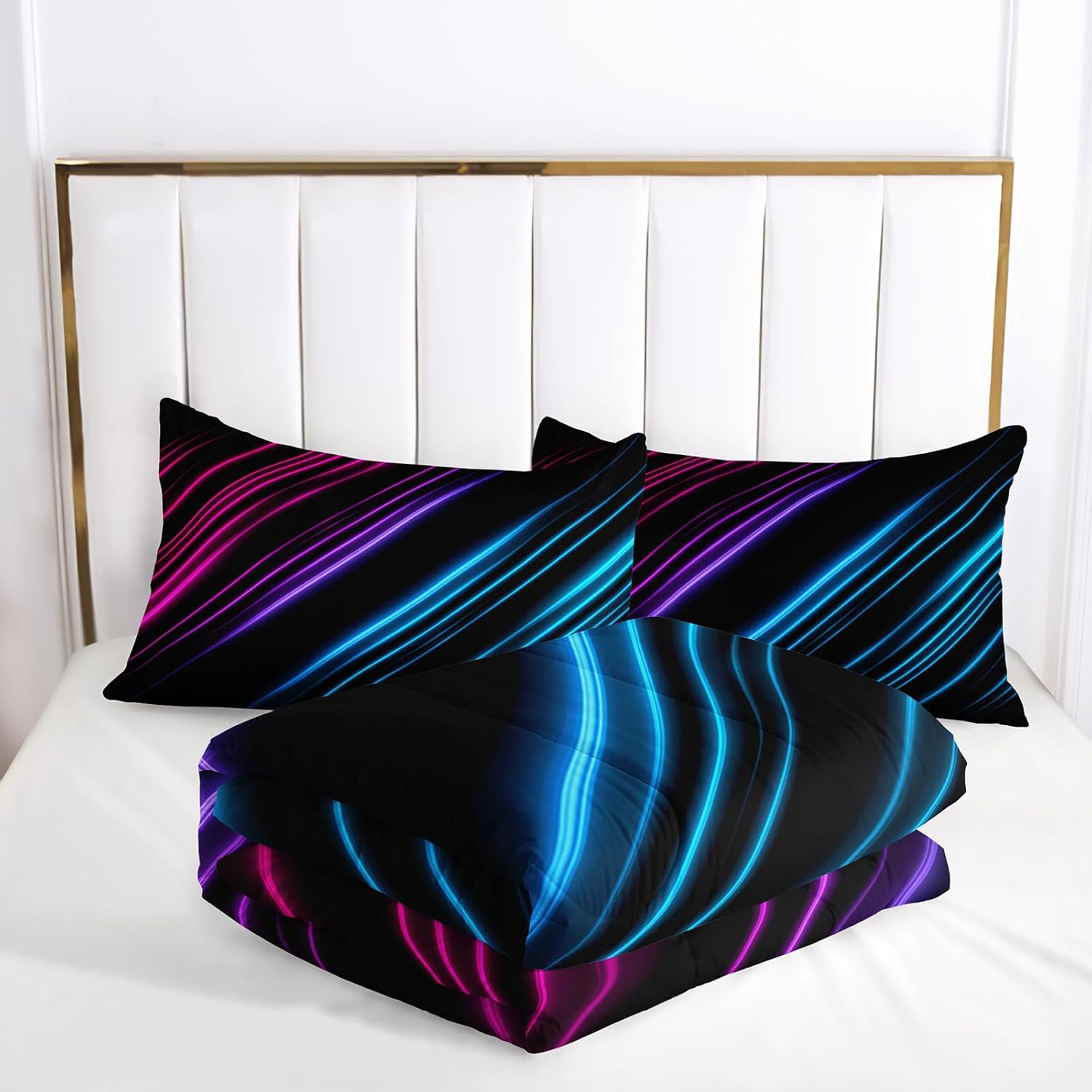 QOOMO Neon Line Kids Comforter Set, Color Lines Bedding Set, Lightweight Blue Comforter Sets, Full Bed Sets for Teen Girls Boys, 1 Comforter Set 2 Pillowcases