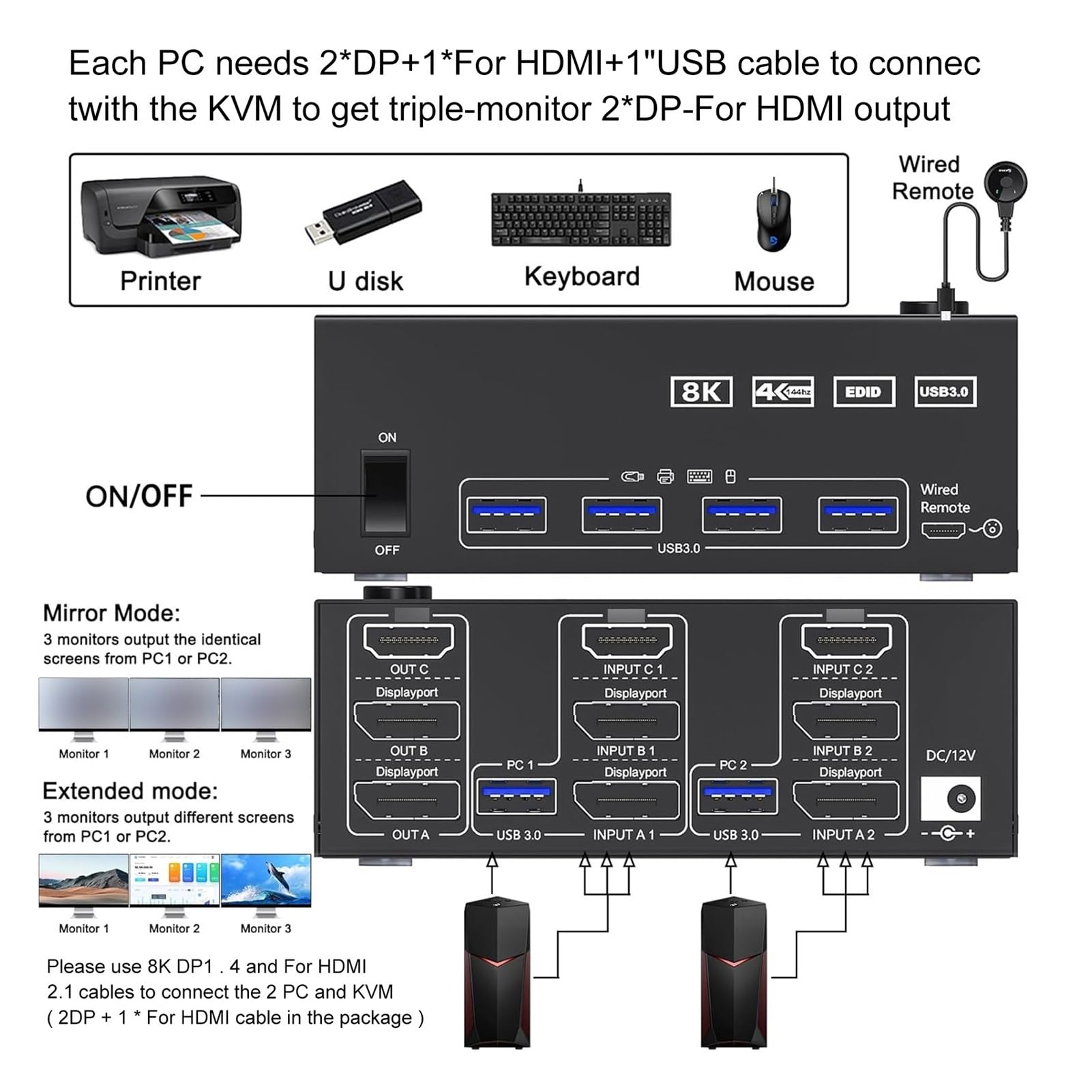 Przełącznik KVM USB 3.0 2 wejścia 3 wyjścia 3 monitory 2 komputery obsługa przełącznika 8K@30Hz 4K@144Hz USB 3.0 Displayport dla 2 komputerów Udostępnij