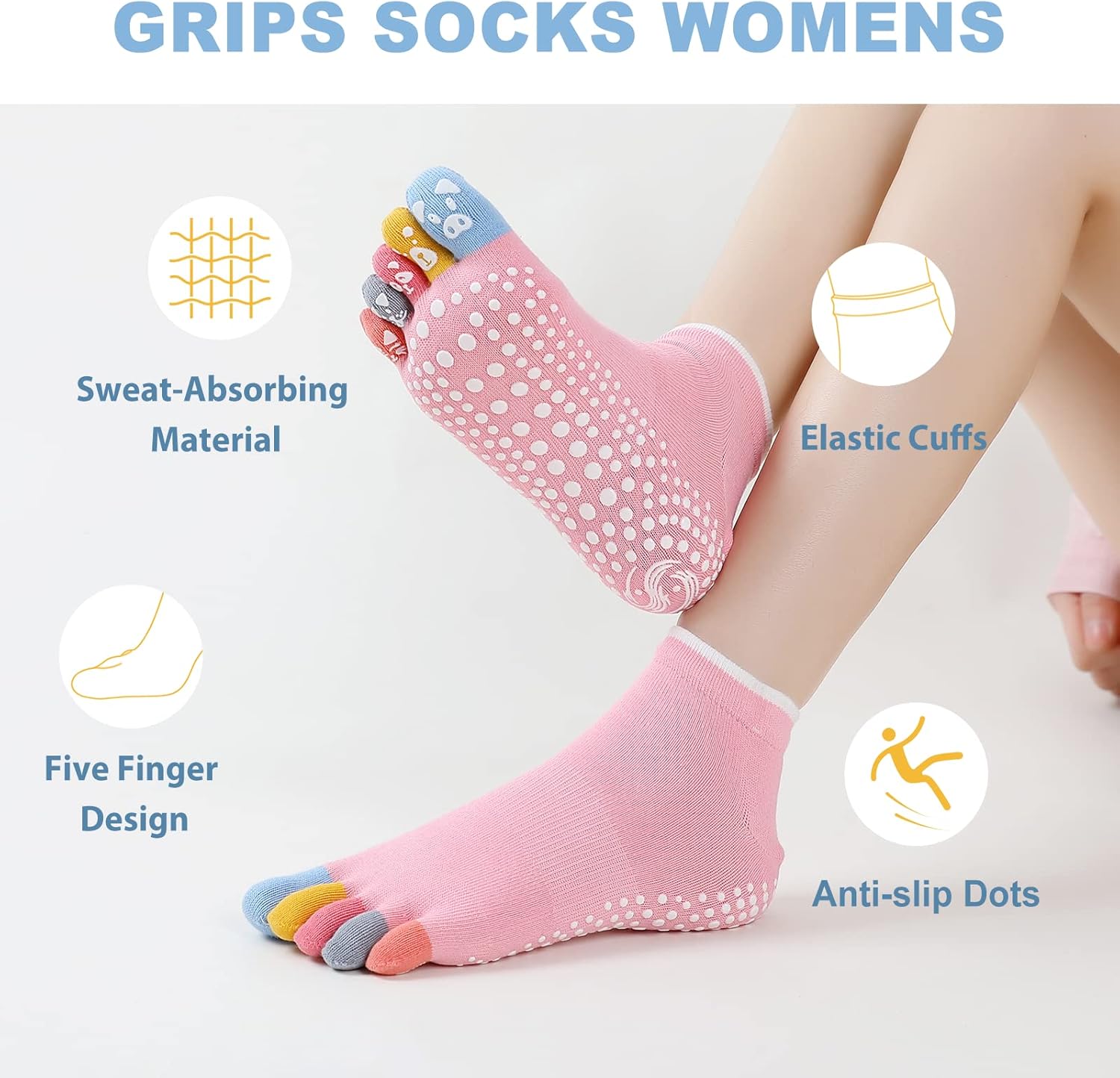 CaiDieNu Yoga Socks for Women, Non Slip Full Toe Socks with Grips for Pilates Barre Dance Ballet Hospital, 3 Pairs - Image 2