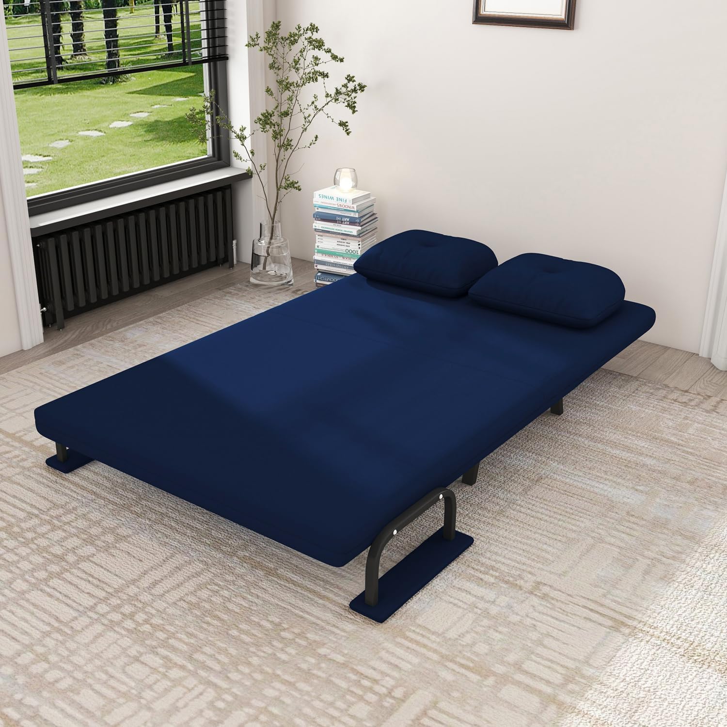 5-in-1 Convertible Sleeper Chair for Two, 46" Wide Folding Sofa Bed with 5-Position Adjustable Backrest with Pillow, Space-Saving Futon Chair for Living Room, Bedroom & Office (Blue)