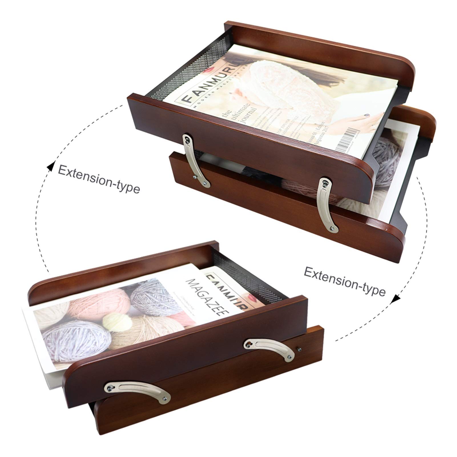 Bandeja organizadora de documentos de madera y metal doble para almacenamiento en la oficina y el hogar, organizador de cartas de papel A4 expandible