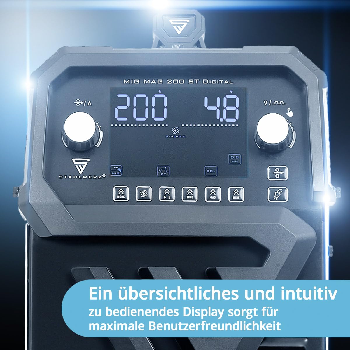 STAHLWERK Schutzgasschweißgerät MIG/MAG 200 ST Digital – Vollausstattung – Inverter mit 200A, MMA (E-Hand/ARC) FLUX (Fülldraht), Schweißen ohne Gas möglich, Spot-Funktion, synergischer Drahtvorschub