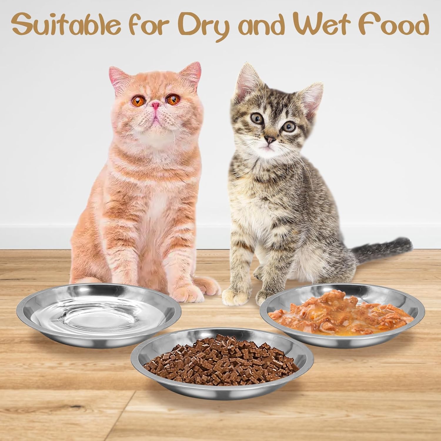 kathson Shallow Stainless Steel Cat Bowls 24 Pcs Whisker Fatigue Cat Dishes Flat Dog Feeding Saucers Pet Food and Water Plate Set for Kitten Puppy and Other Small Animals (6.3 Inch Dia.)