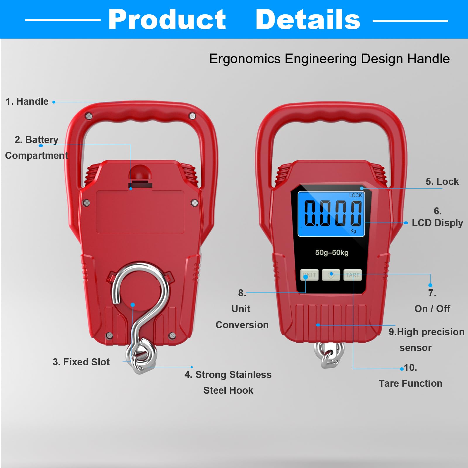 Digitale Fischwaage zum Aufhängen, 50 kg Gepäckwaage, großer Griff und LCD-Display mit Hintergrundbeleuchtung, elektronische Balance, digitale Angel-Postwaage, rot, Angelgeschenke für Männer