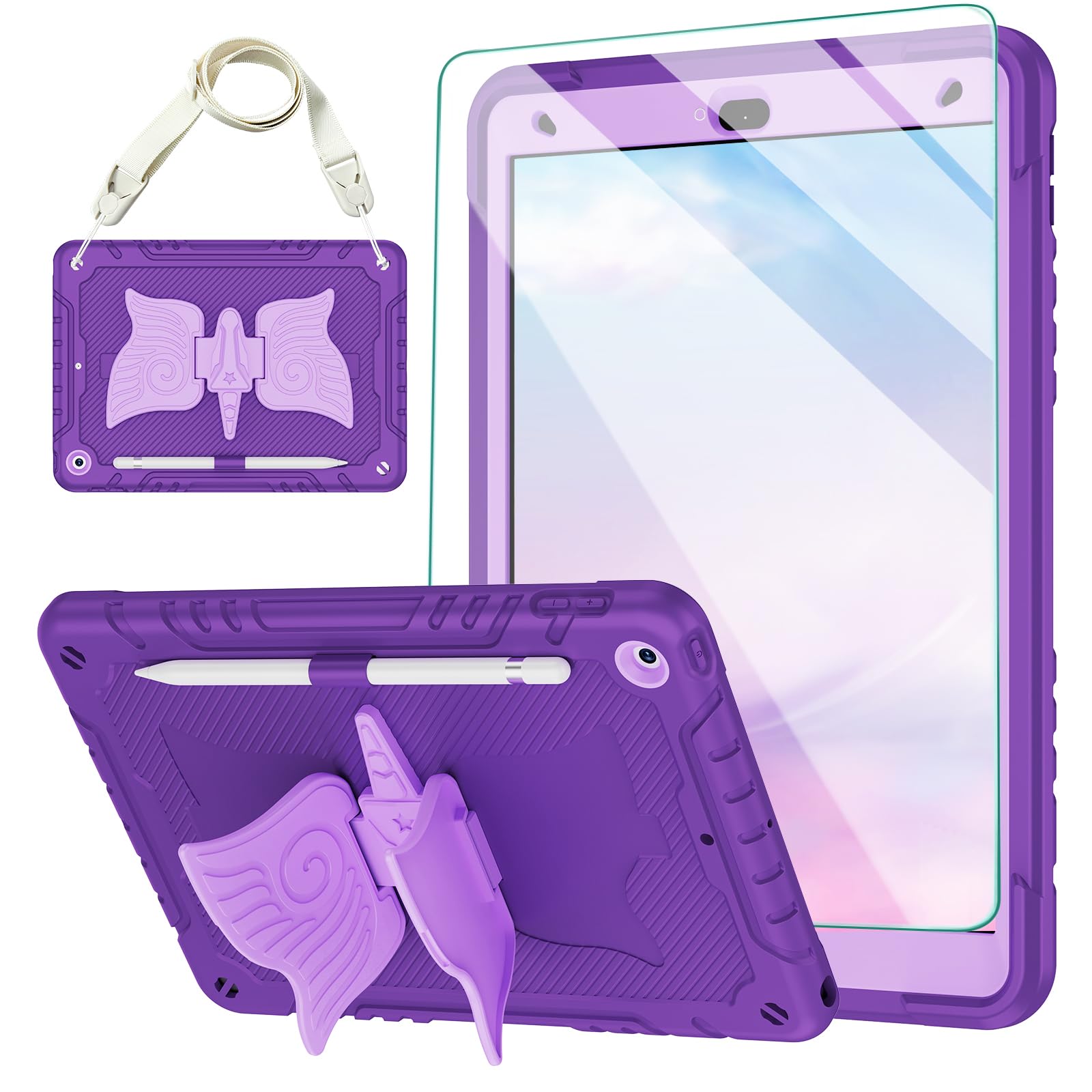 for iPad 9th 8th 7th Generation Case 10.2 inch with Screen Protector, Butterfly Kickstand, Shoulder Strap, Pencil Holder Cute Rugged Cover for Kids Girls for iPad 2021 2020 2019 Purple