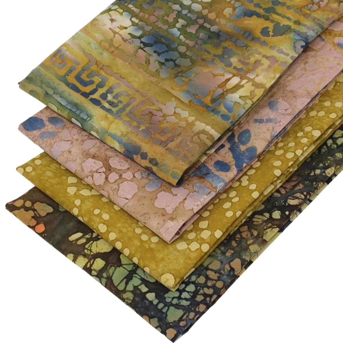 4 Fat Quarters Batik Bundle - 'Farmland' Features Batik Fabrics in Shades of Brown, Ochre and Green. 100% Cotton for Quilting, Patchwork & Crafting (with Free Patchwork Pattern by Overdale Fabrics)