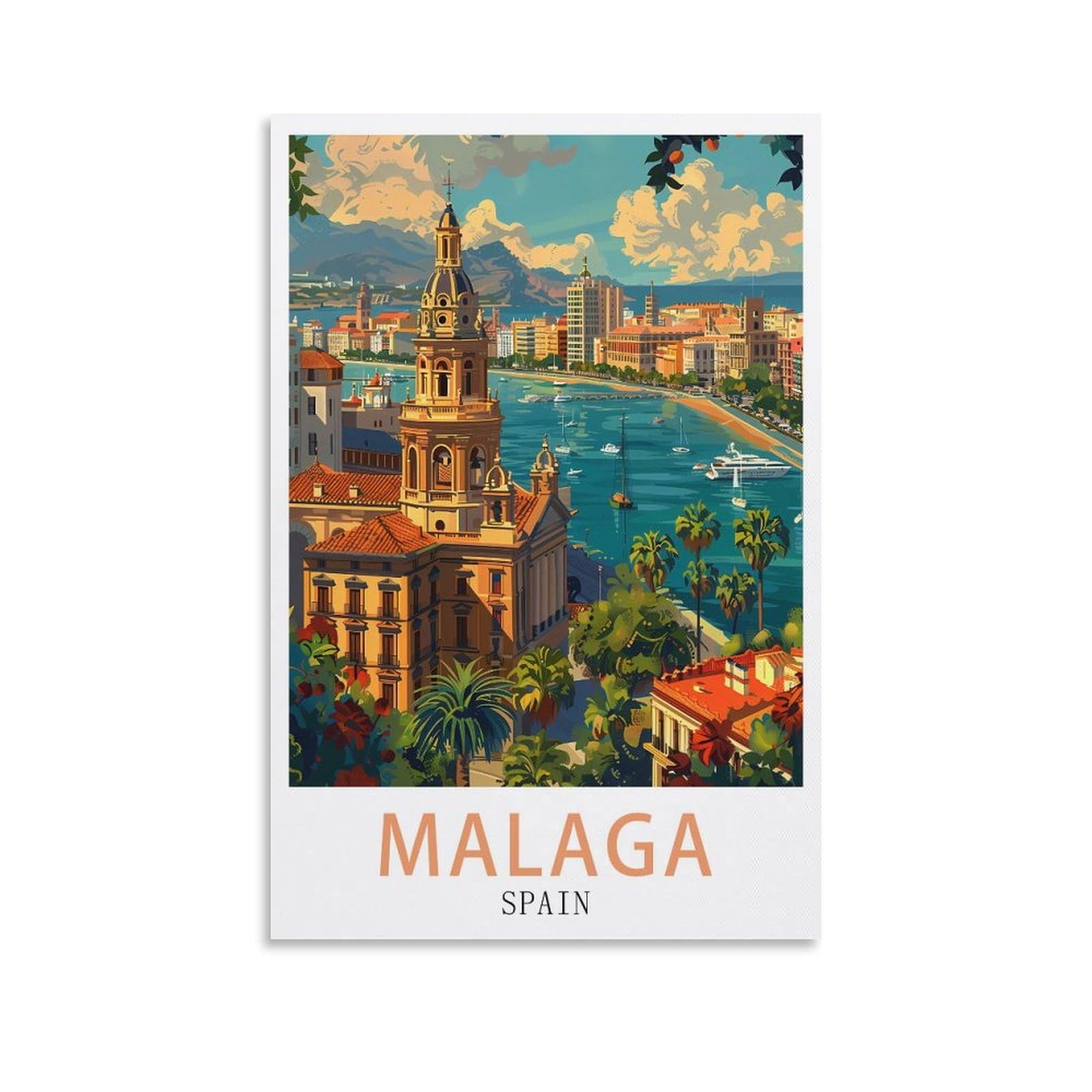 Lolwnni Unframe-Style Malaga Spain Vintage Travel Posters 24X36inch(60X90cm) Canvas Wall Art Print Picture Paintings For Living Room Bedroom Decor