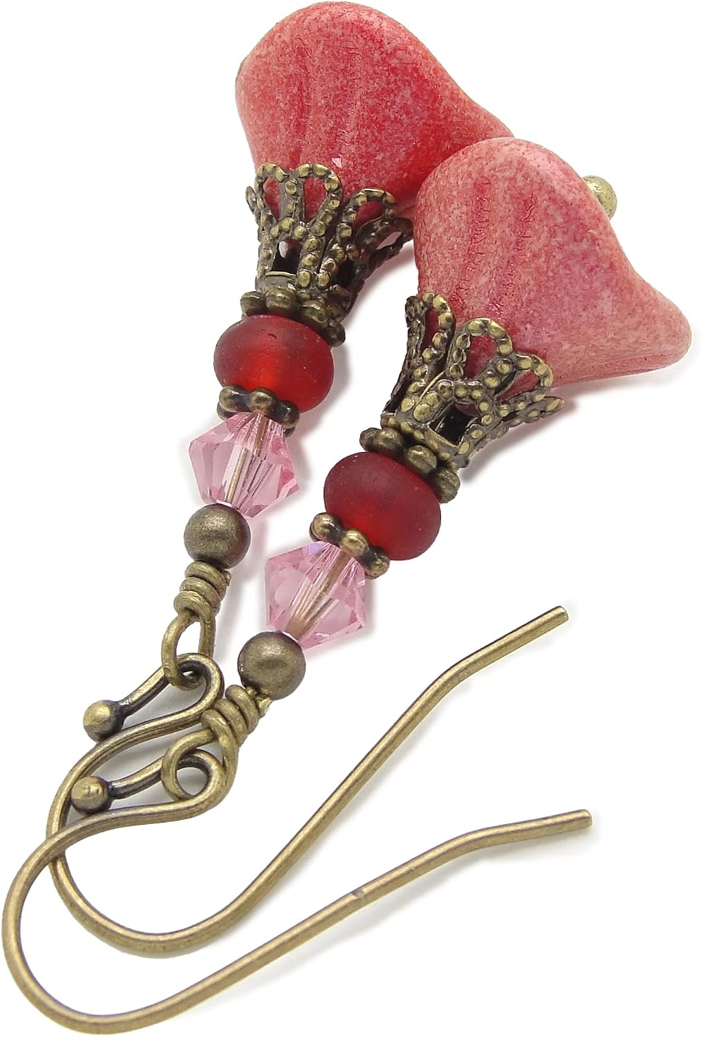 Pink and Red Victorian Flower Earrings in Antiqued Brass