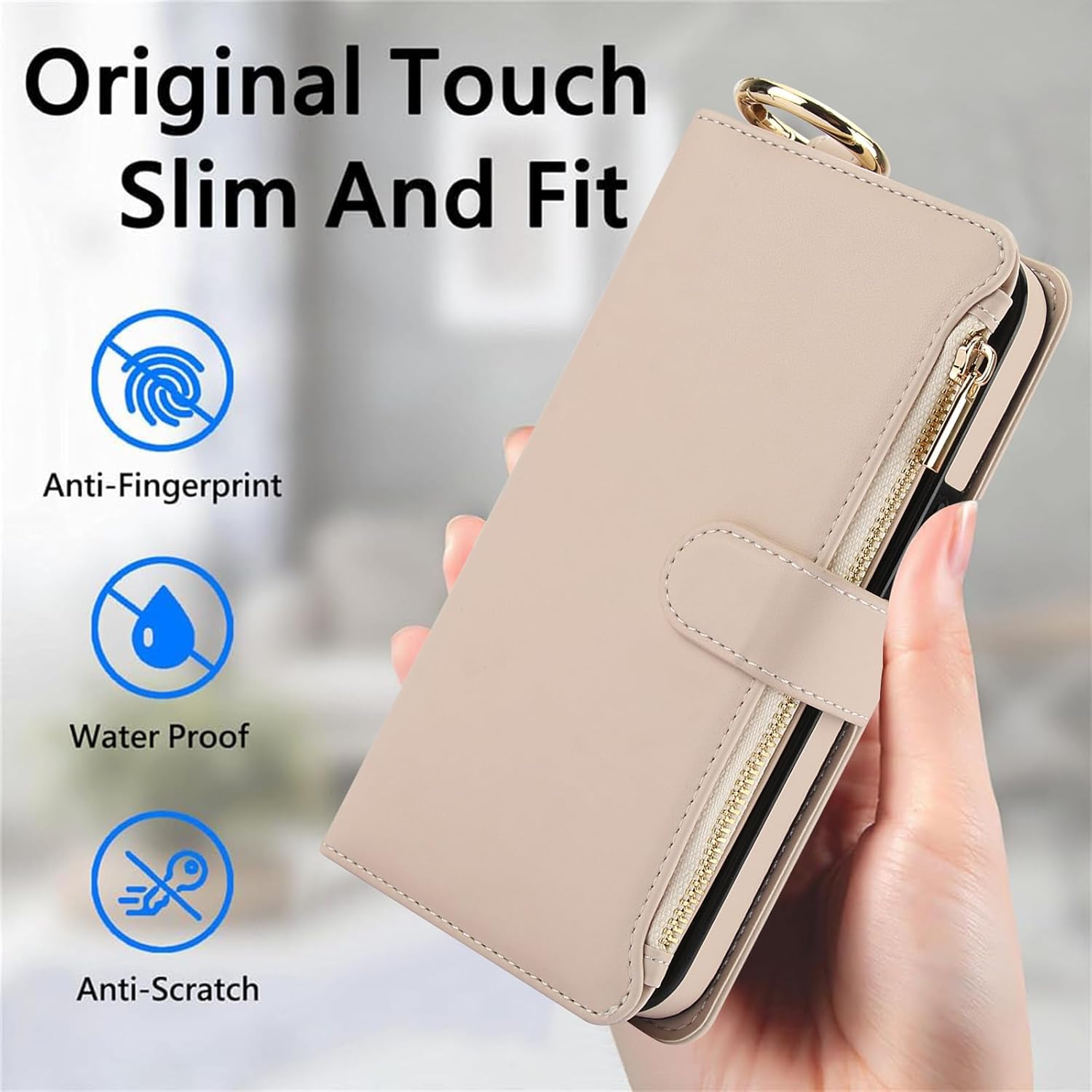 Asuwish Phone Case for iPhone 13 6.1 inch Zipper Wallet with Tempered Glass Screen Protector Crossbody Strap Card Holder Stand Flip Cell Cover iPhone13 5G i i-Phone i13 iPhone13case Women Apricot