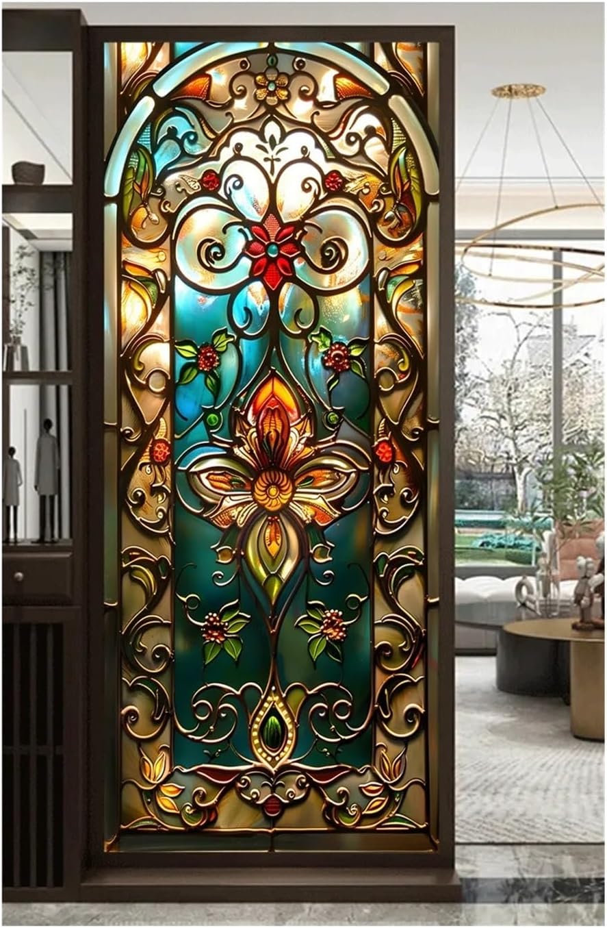 Vintage Stained Glass Film Window Anti-Peeping Sticker Static Cling Frosted/Etched for Room(Color2,40x120cm)