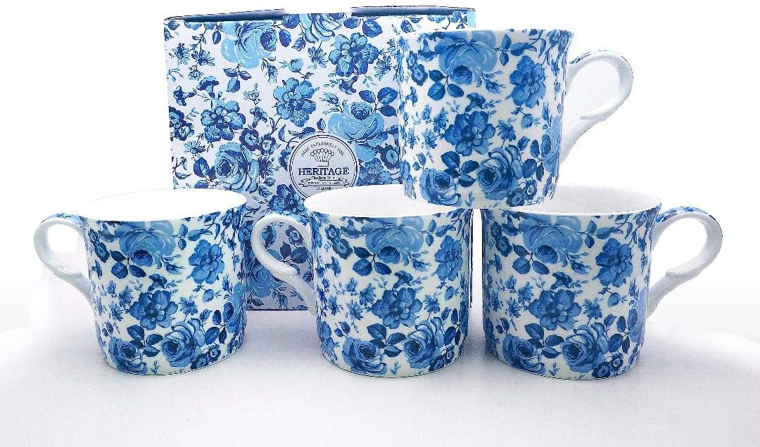 FINE Bone China Set of 4 Mugs Gift Boxed Chatsworth Blue Mugs Free UK DELIVERY
