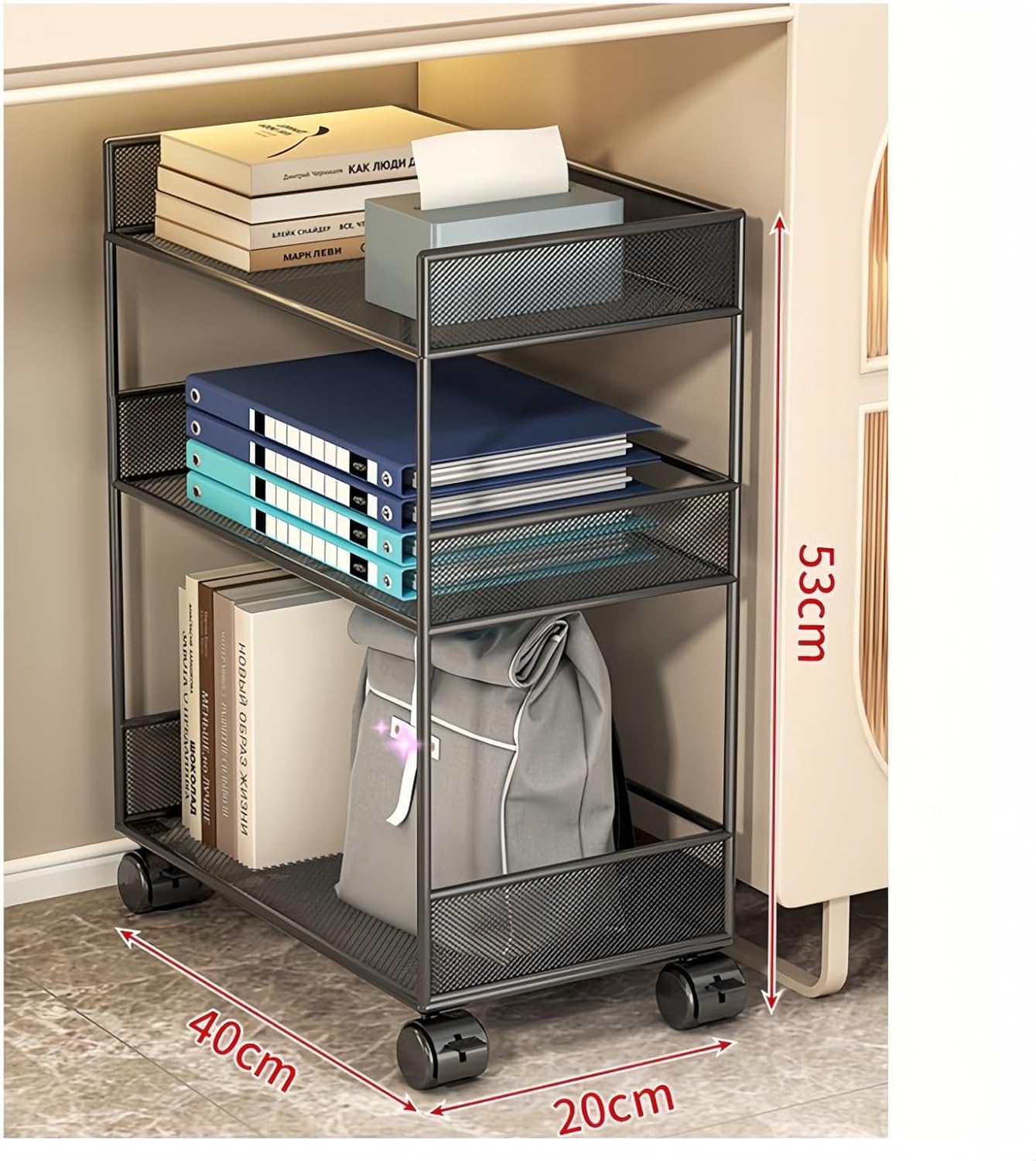 キャスター付きワゴン 2段 デスクワゴン | サイドワゴン 収納ラック | 移動式収納棚 | デスク下収納 | 便利な多機能ラック