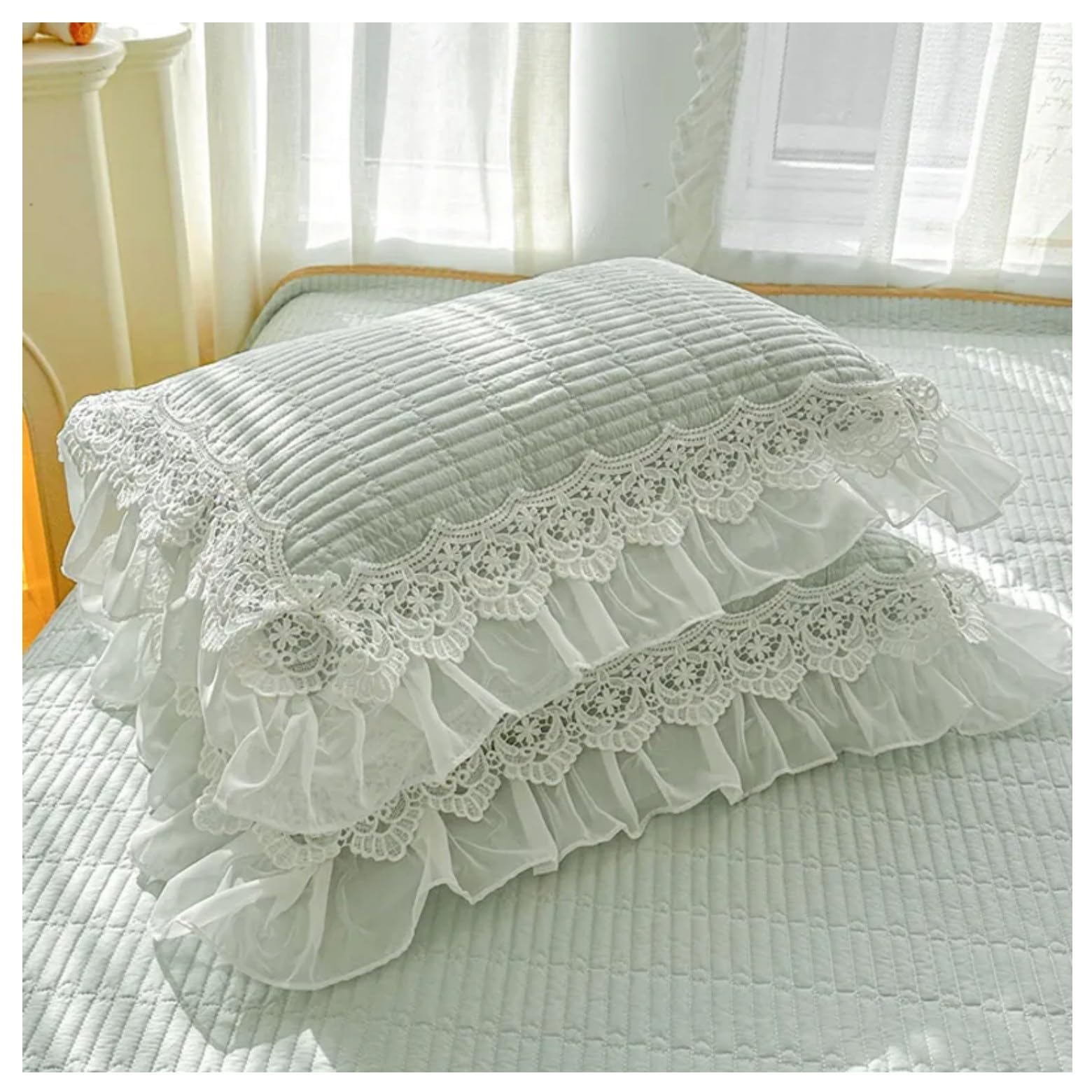 PUIPPUII 2 Pack Cotton Ruffle Pillow Covers, 19x29 Inch Soft Quilted Lace Pillow Shams, Breathable & Machine Washable, Chic Farmhouse Pillow Cases for Bedroom Decor(Green)